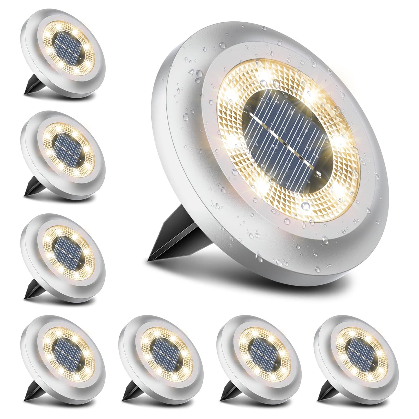 Solar Lights Outdoor Garden,600mAh 8 LED Solar Disk Ground Lights for Garden Lawn Pathway Yard Landscape Walkway（8 Pack Warm White）
