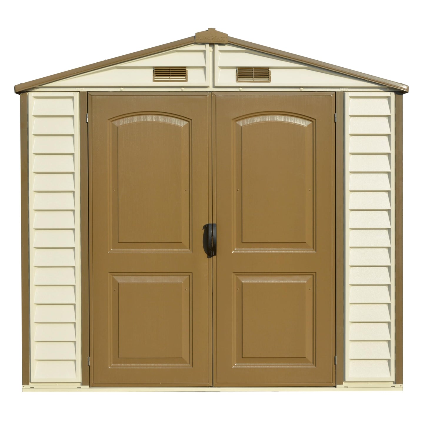 Duramax StoreAll 8 x 6 (4.12 m2) Plastic Garden Storage Shed with 1 Fixed Window & Metal Foundation Kit, Strong Metal Roof Structure Fire Retardant and Maintenance-Free Storage Shed - Ivory/Brown