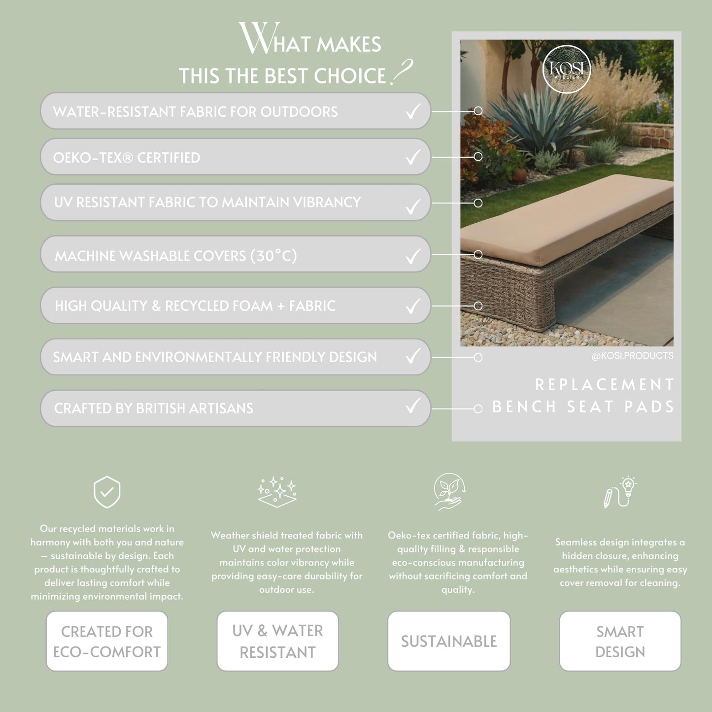 Kosiproducts 2 Seater Bench Seating Pad Cushion to fit Icenic Eden Garden Rattan Furniture 128cm x 50cm (Beige) - Bench Not Included