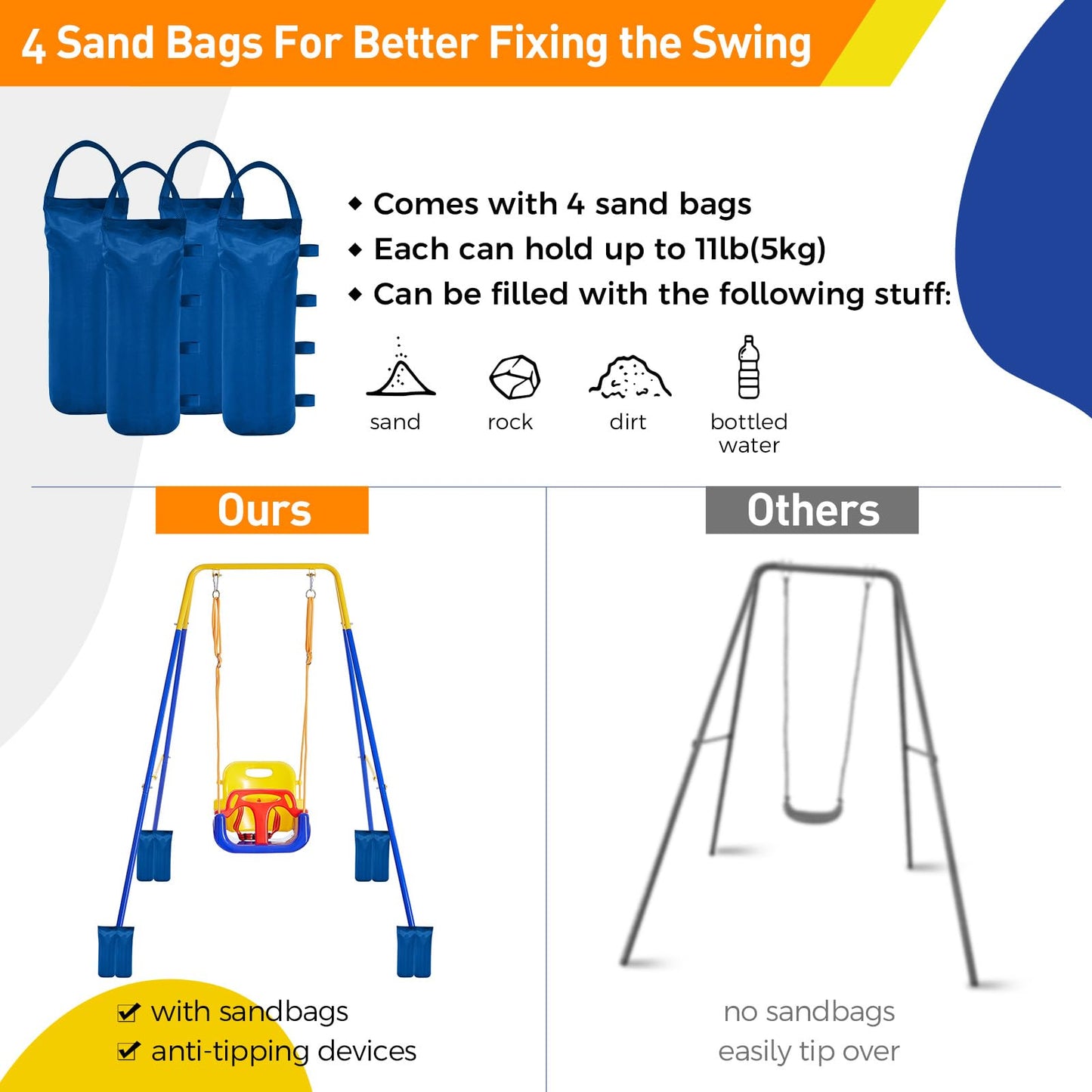 FUNLIO 3-in-1 Swing Set for Toddler with 4 Sandbags, Heavy-Duty Kid Swing Set with Safety Harness, for Garden, Indoor/Outdoor Play, Folding Metal Stand & Clear Instruction, Easy to Assemble & Store