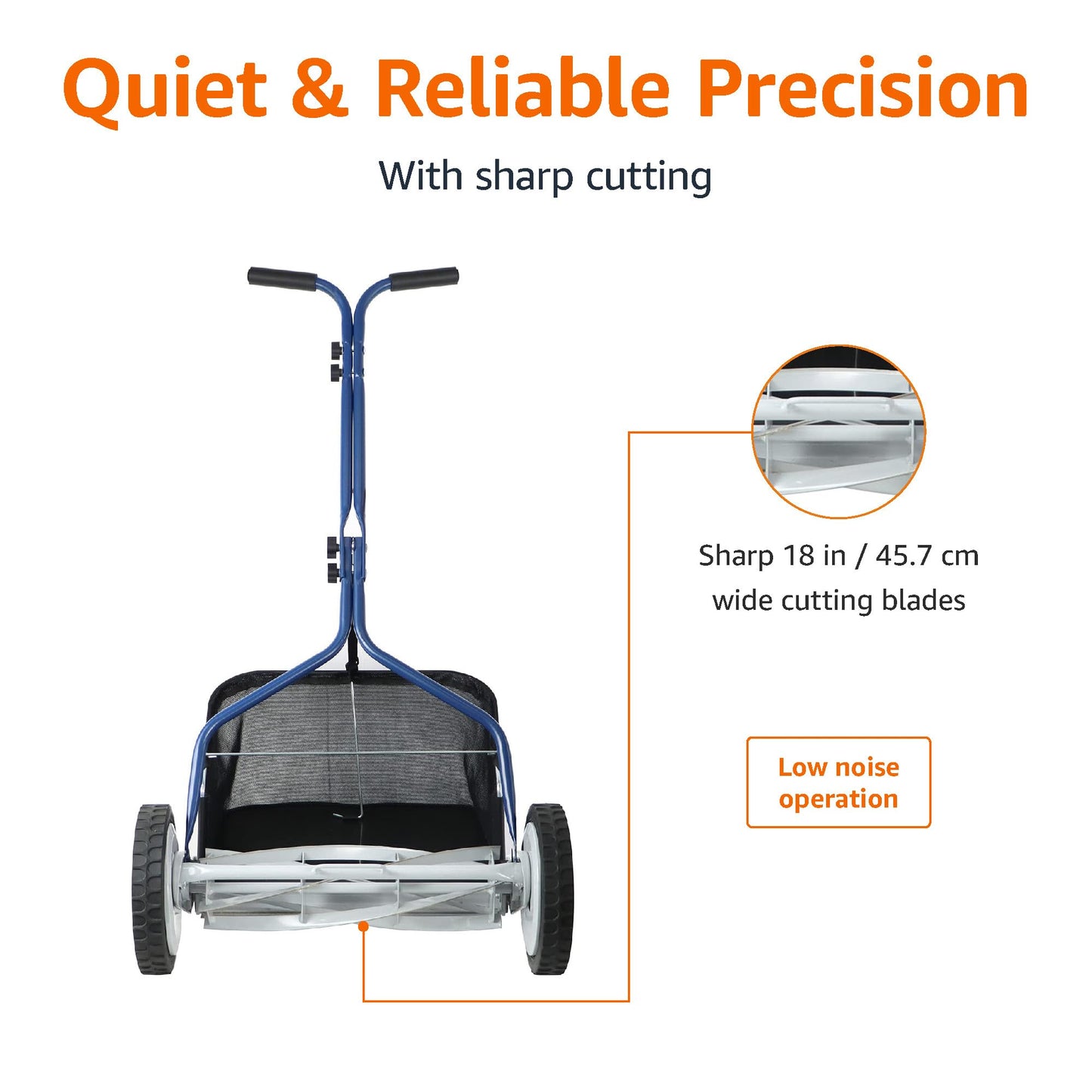 Amazon Basics Push Reel Lawn Mower, 46cm 5-blade with grass catcher, Blue