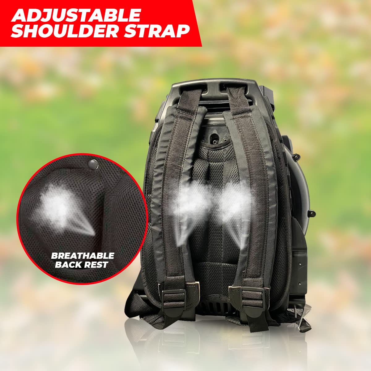 BU-KO 63CC Petrol Backpack Leaf Blower - Powerful 2 Stroke Air Cooled Engine - Lightweight With New and Improved Padded Support Straps While Using - Safety Gear