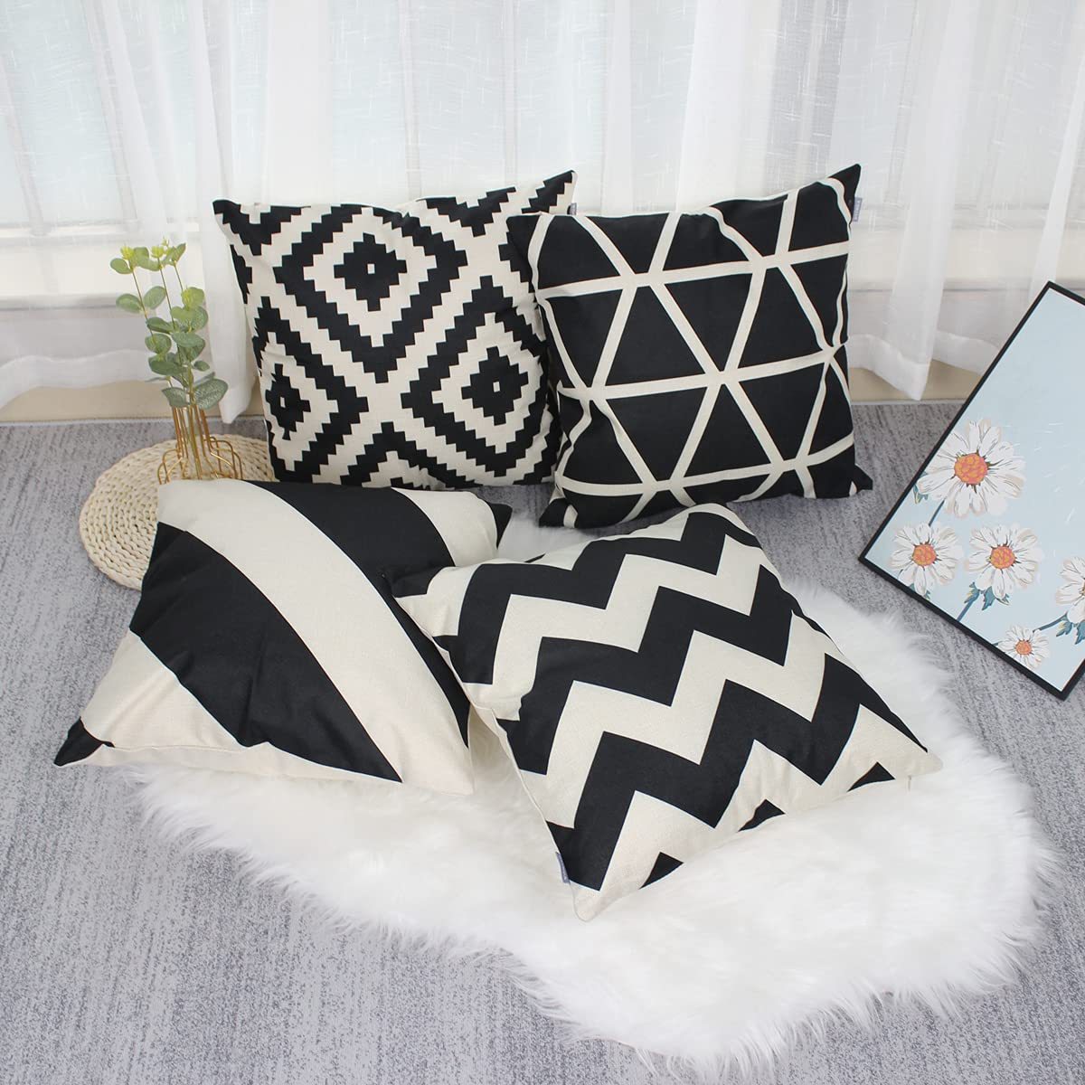 OYIMUA Set of 4 Boho Decorative Cushion Covers Black 18x18 Linen Geometric Throw Pillow Covers 45 x 45cm Square Pillowcases for Outdoor Furniture Garden Bench Living Room Sofa Farmhouse Decor