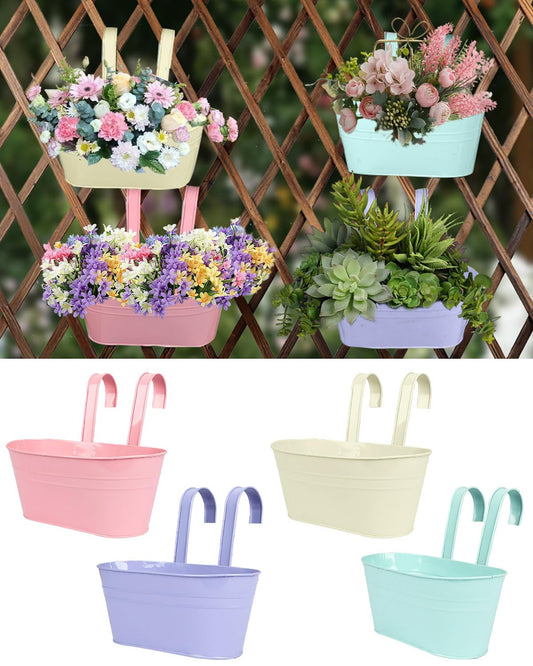 4 Pcs Iron Hanging Flower Pots, Large Metal Iron Hanging Plant Pots for Railing with Detachable Hook, Hanging Flower Bucket Indoor/Outdoor, Fence Hanging Planters for Balcony Garden Fence Home Decor