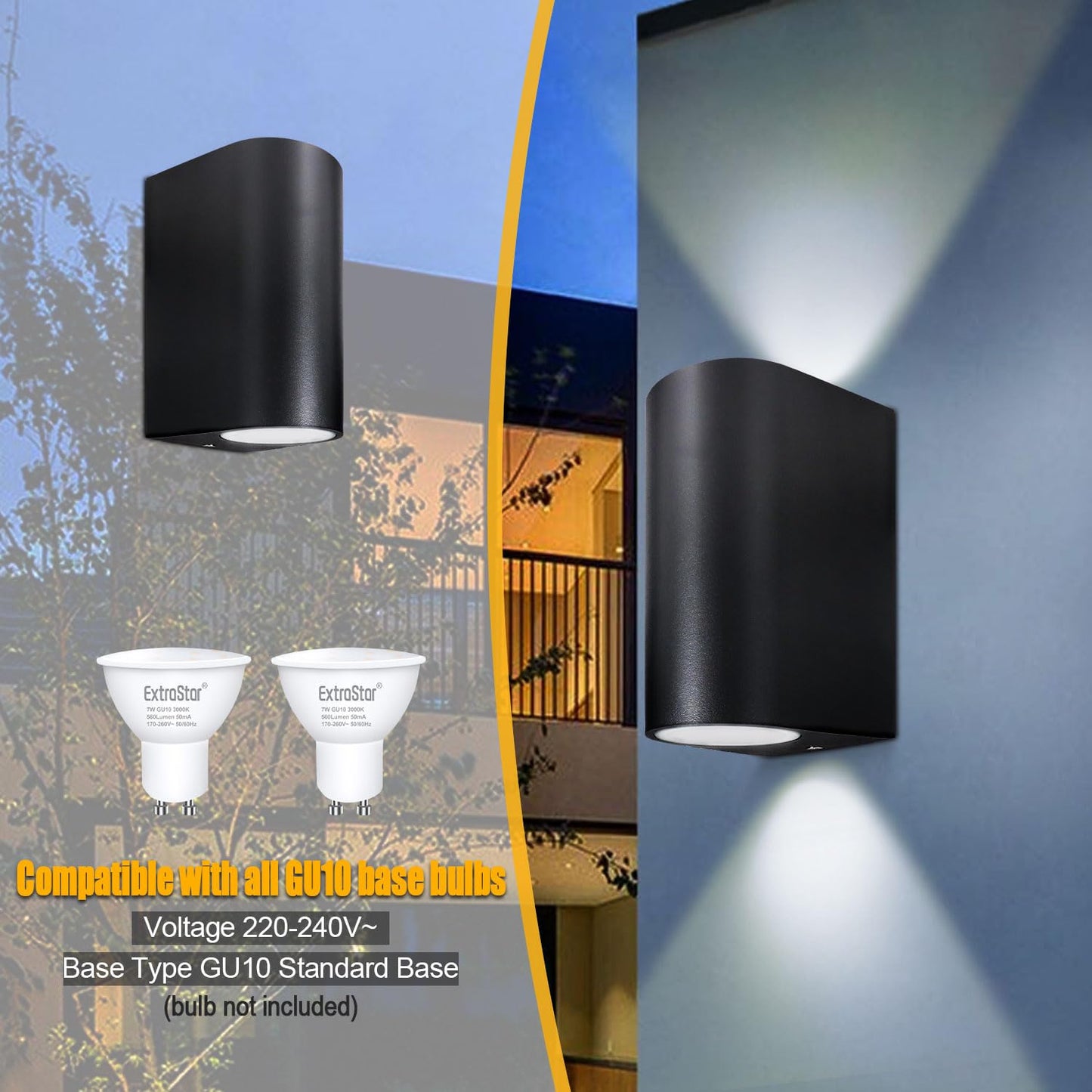EXTRASTAR Outdoor Wall Lights, GU10 Base Up Down Exterior Wall Sconce, IP44 Waterproof Outside Wall Lights Aluminum Black for Garden, Patio, Garage, Porch, and so on（Bulbs not Include）