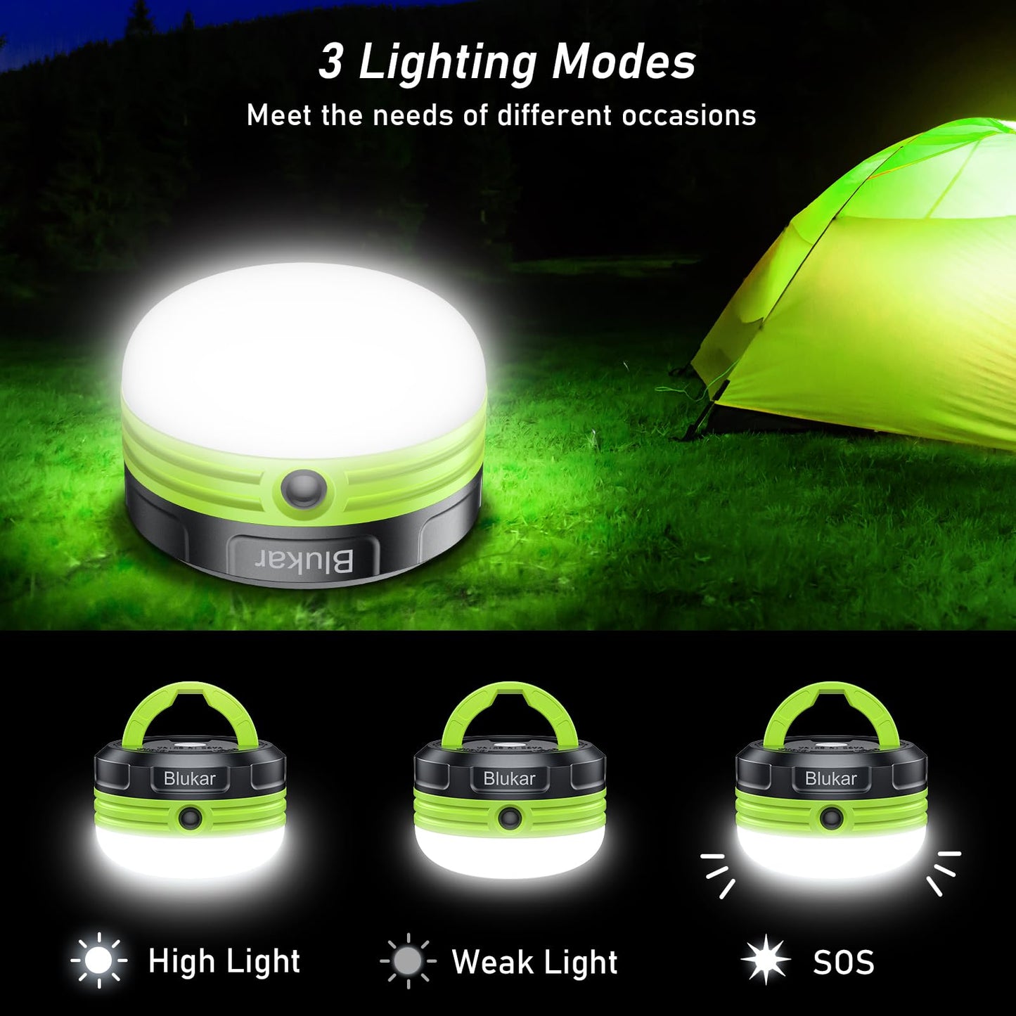 Blukar Camping Lantern, LED Outdoor Lights, Tent Lamp Battery Powered, Water Resistant 3 Modes Emergency Lamp for Outdoor Activities, Emergency, Fishing, Hiking etc. - 3 AA Batteries Included