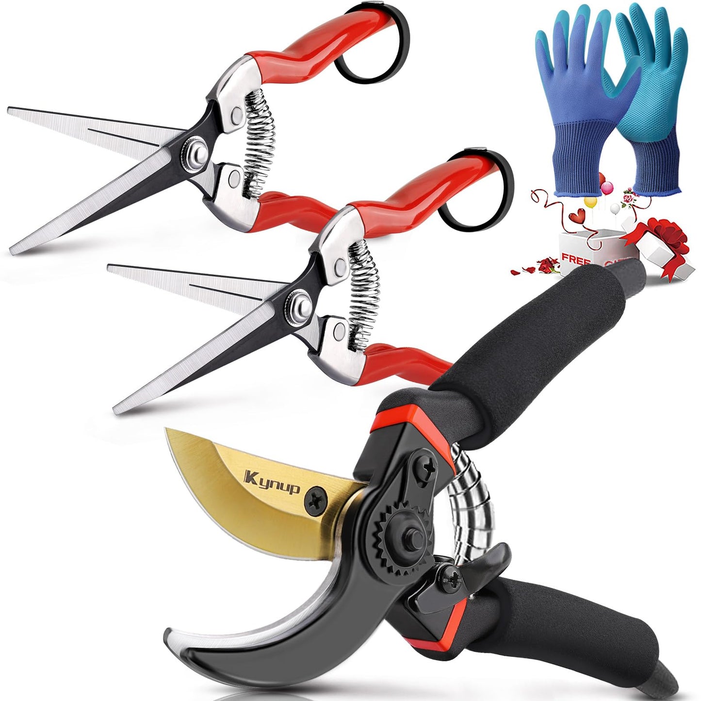 Kynup Garden Secateurs, 3 Pack Professional Secateurs Kit with Garden Gloves, Stainless Steel Sharp Pruner, Pruning Hand Tools Scissors Kit, Trimming Tool