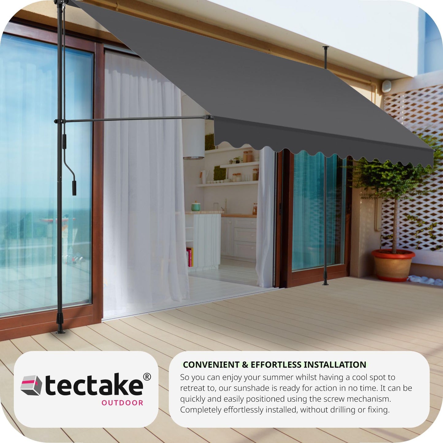 tectake Garden Patio Retractable Awning, Manual with Hand crank, Sun shade Canopy with UV and Rain Resistance, Clamp System with No Drilling Required - black/grey