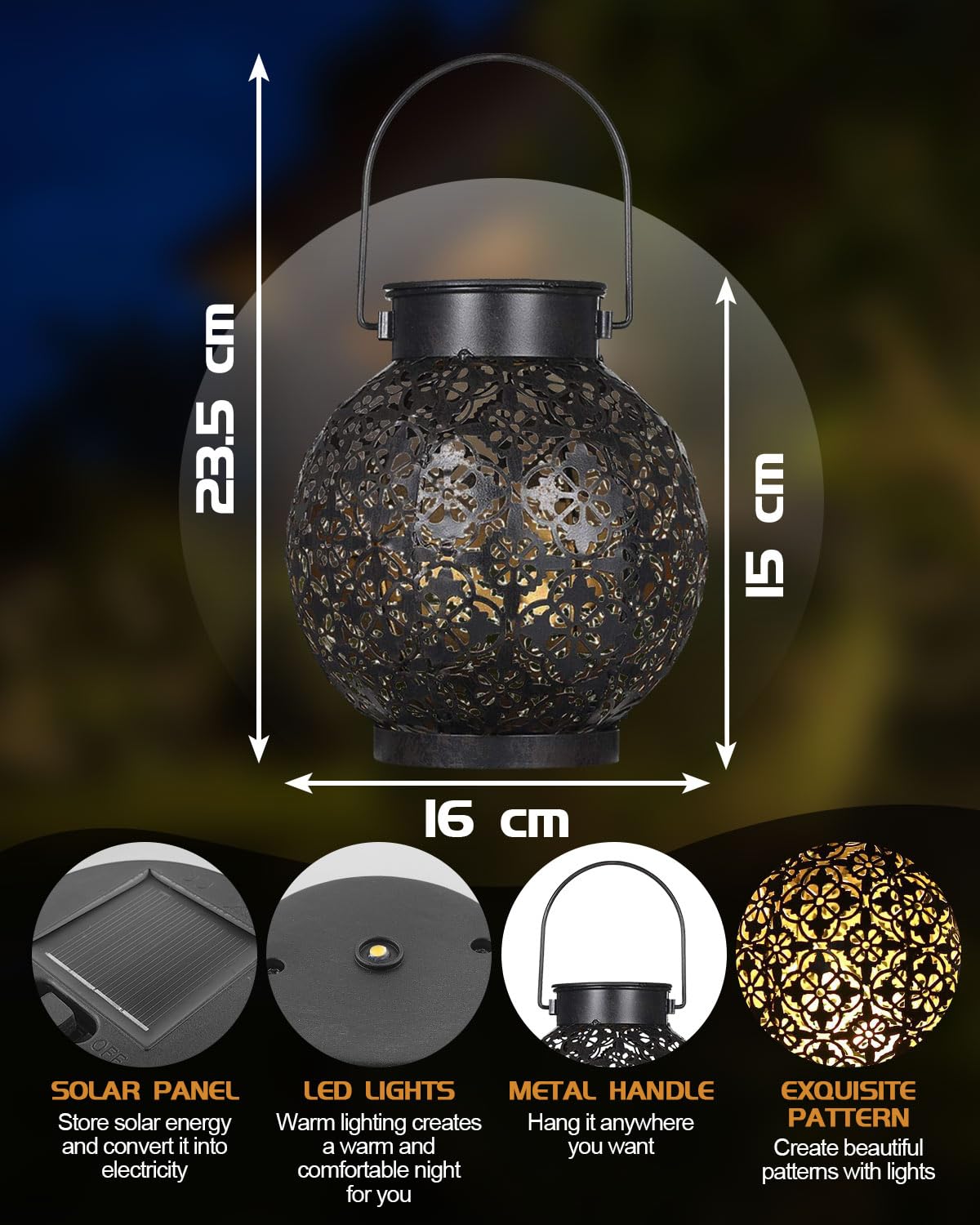 Solar Lantern Outdoor Garden, Garden Light, IP44 Waterproof Lantern, Garden Solar lamp for Sustainable Lighting, Garden Accessories Decorations, Accessories Metal Hanging Patio Lawn Warm White