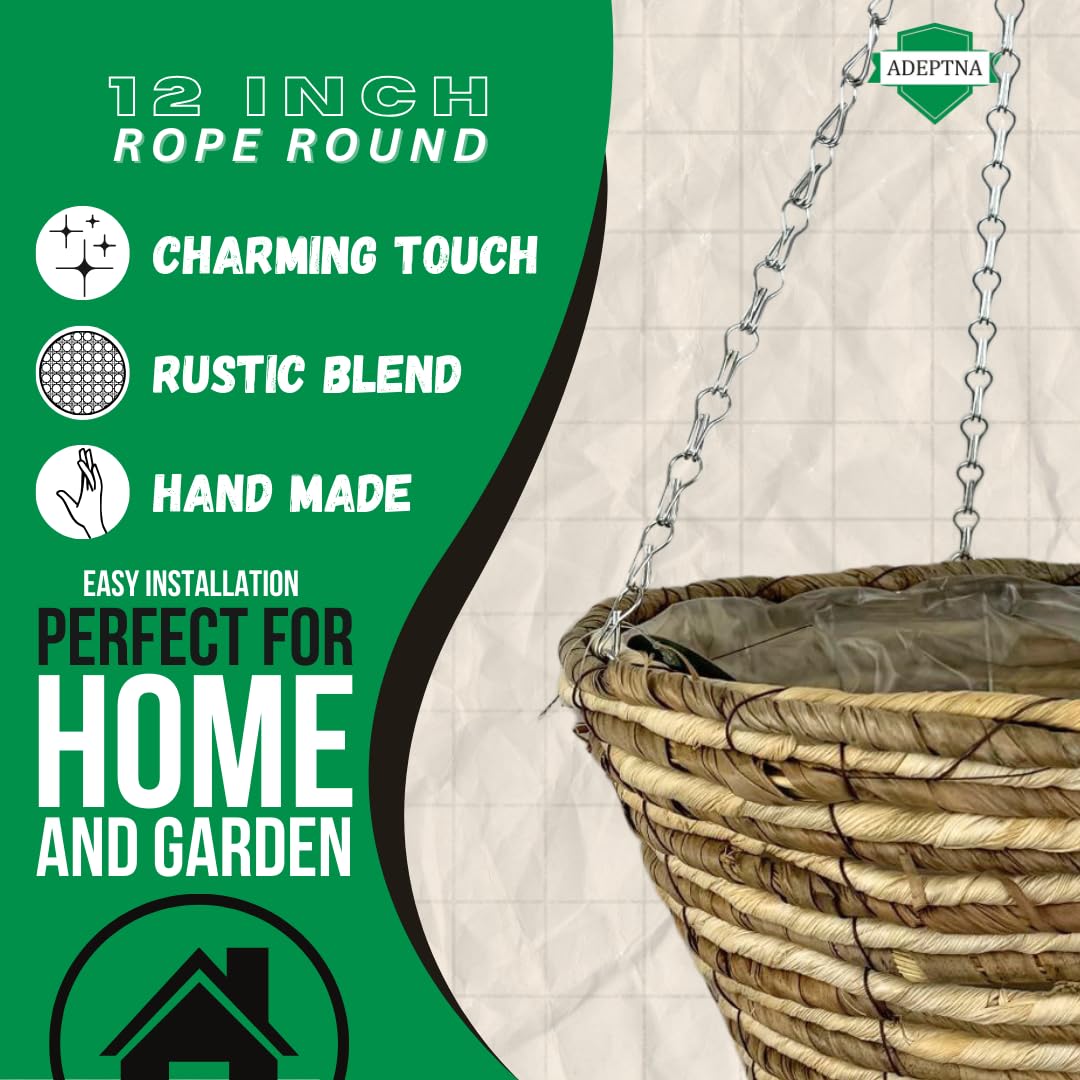 ADEPTNA Set of 2 Cone Garden Hanging Baskets 12 Inches - Natural Basket Hanging Plants Wall Flower Planter Pot with Detachable Hanging Chain for Home Garden Decoration (ROPE BASKETS)