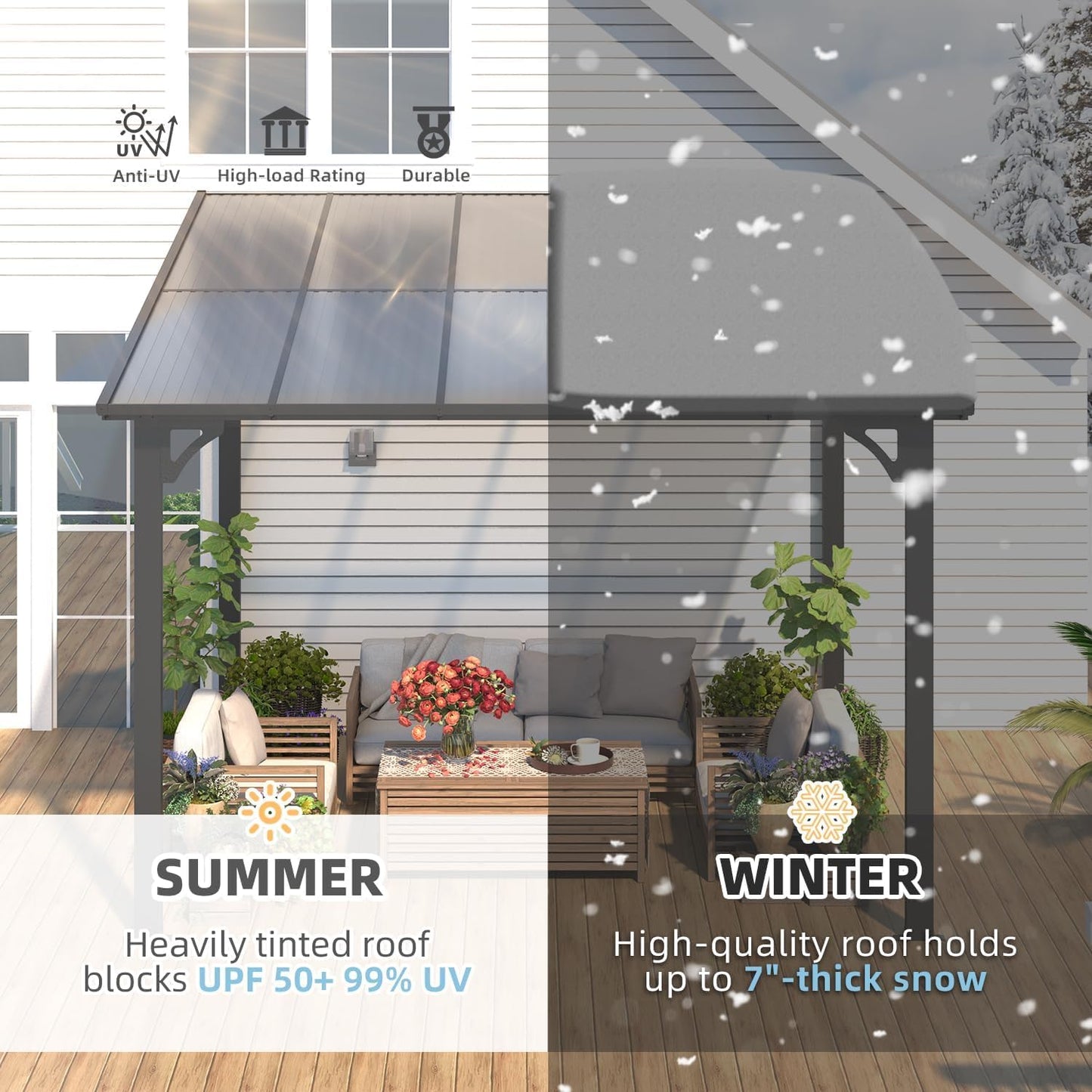 U-MAX 3m x 3m Aluminium Gazebo,Wall-Mounted Awning Gazebo，Lean to Pergola,Hardtop Roof Heavy Duty Metal Pergola for Outdoor Garden