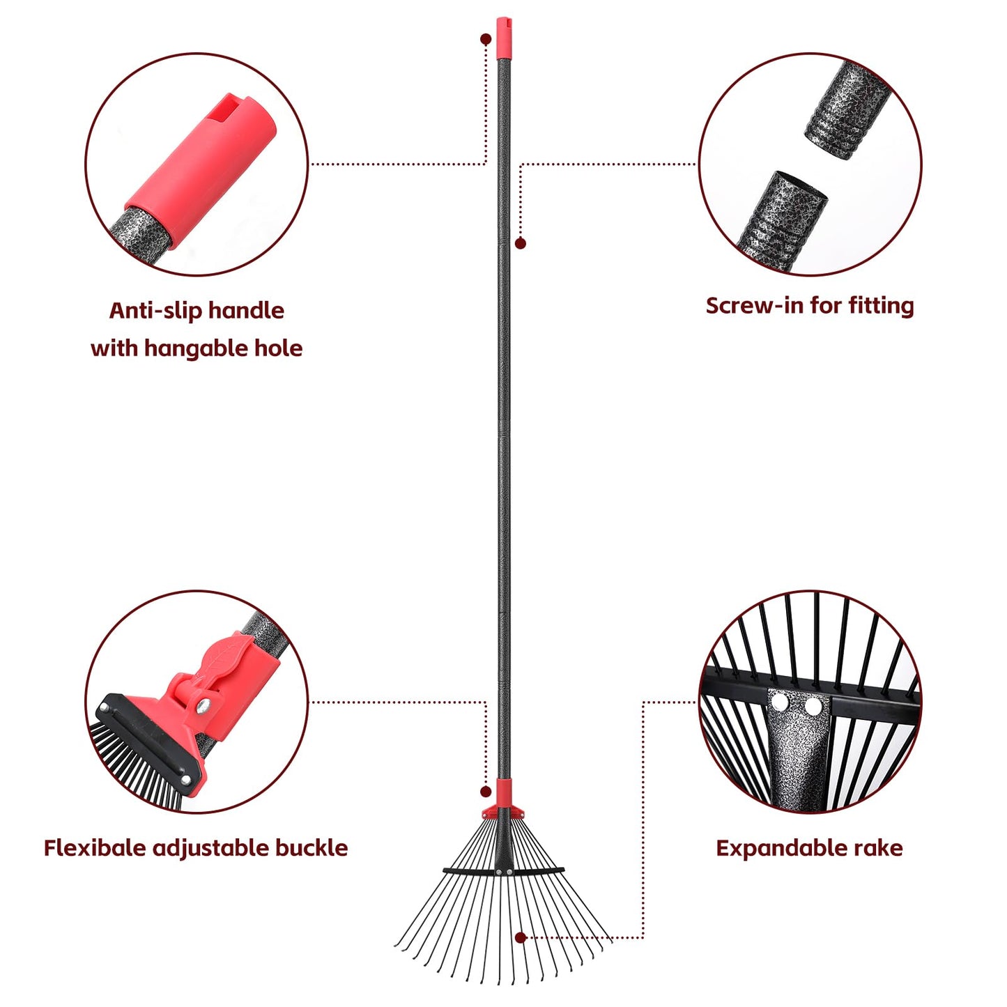 Garden Leaf Rakes for Lawns Heavy Duty, 23-41 cm Adjustable Rake Head, 82-192 cm Adjustable Long Handle, Metal Rake Tool for Gardening Camping Clear Collect Leaves Debris, 18 Anti-Rust Metal Tines