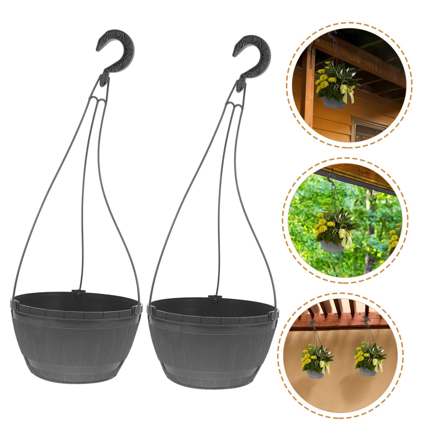 DIKACA Hanging Planters Baskets Self-watering Faux Wood Barrel 2pcs for Outdoor Patio Balcony and Indoor Plant Decor