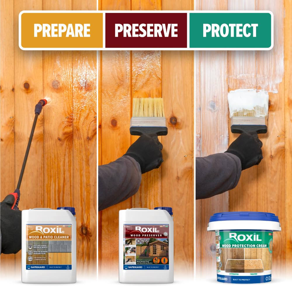 Roxil Wood Waterproofing Liquid (5L Clear) Wood Preserver Outdoor, Wood Sealer for decking, Fence, Sheds and Furniture