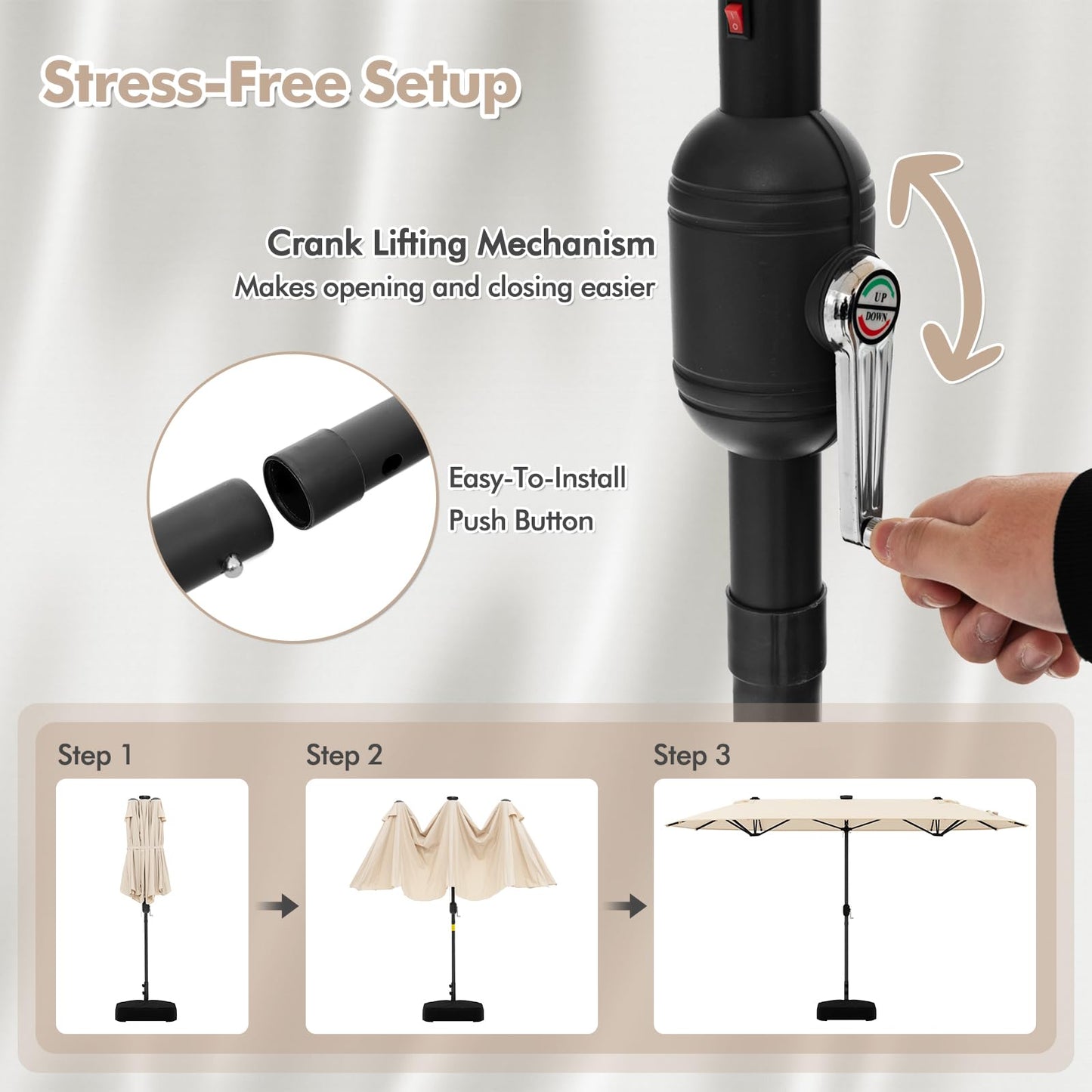 COSTWAY 4M Double-Sided Parasol, Outdoor Extra Large Sun Umbrella with Base, Solar LED Lights and Crank Handle, Market Sunshade Shelter Canopy for Garden Patio Beach Yard (Beige)