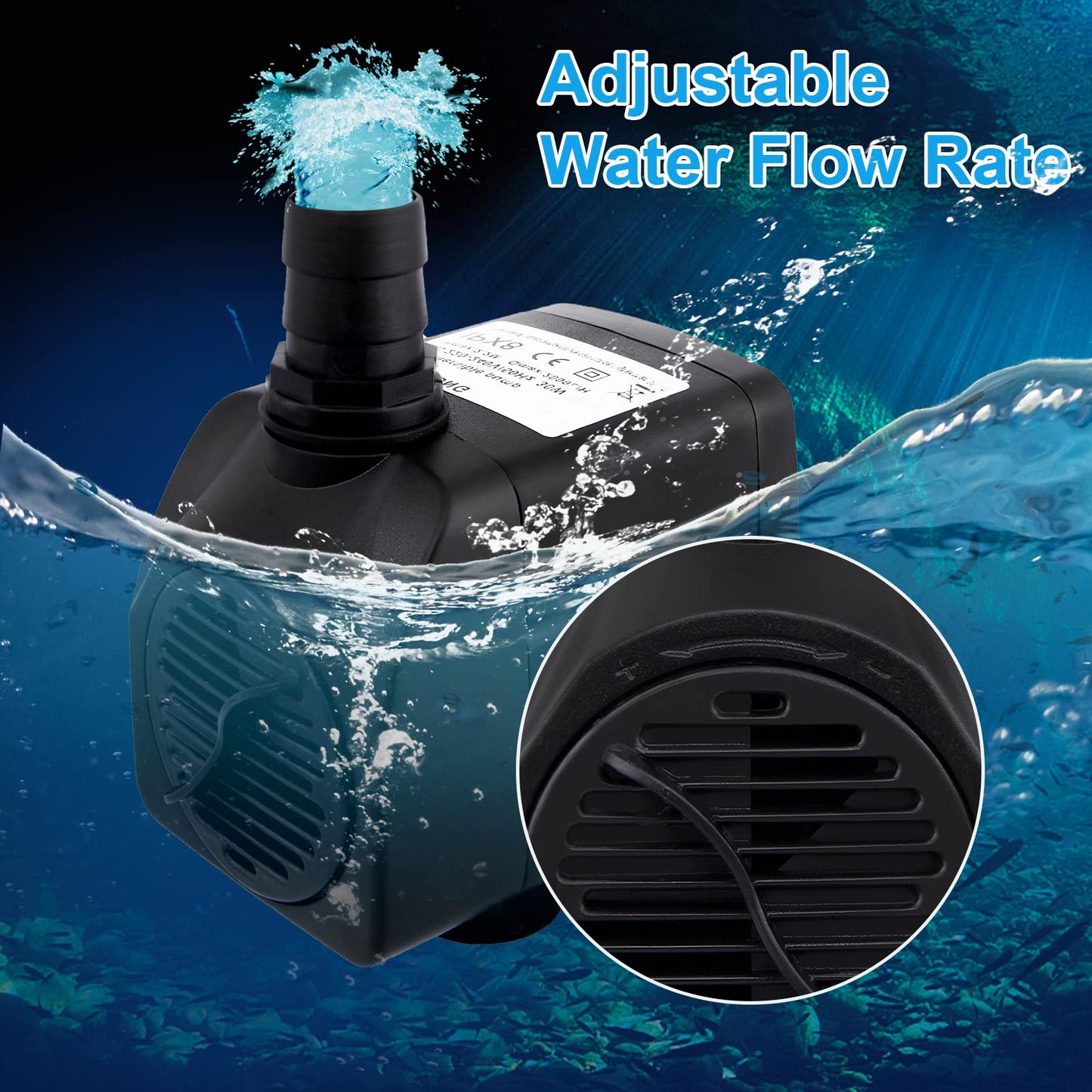 Awroutdoor Submersible Water Pump, Ultra Quiet Water Feature Pump(30W,2500L/H) for Aquarium, Fish Tank,Pond,Hydroponics, Statuary, with 4 Strong Suction Cups, Adjustable Water Volume (13/16/19/25 mm)