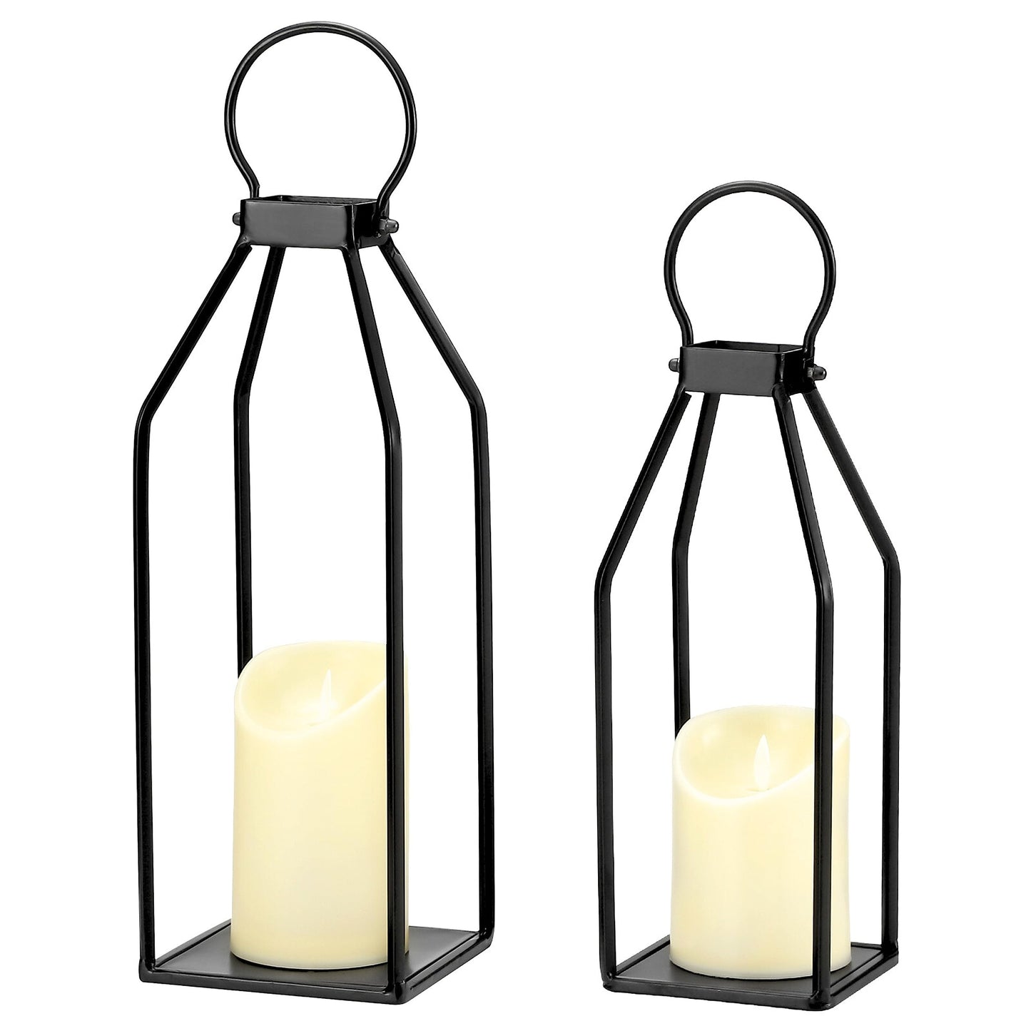 Perfnique Modern Farmhouse Lantern Decor, 15'' 13'' Set of 2 Black Metal Lanterns, 2 LED 6hr Timer Flickering Flameless Candles, Lanterns Decorative for Outdoor Decor, Home, Indoor, Patio (Black)