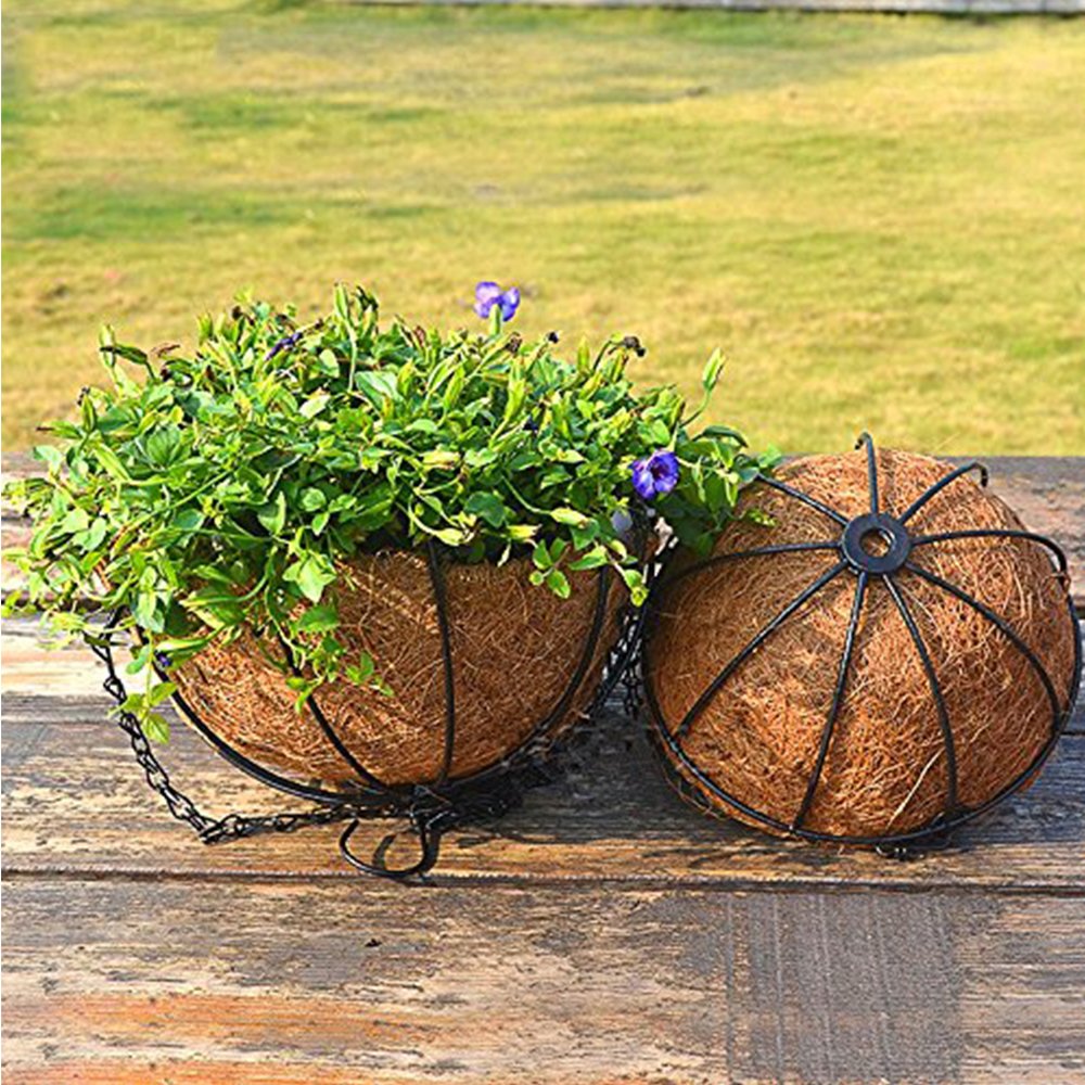 GQMMHFX 2 PCS Adjustable Hanging Flower Basket with Metal Chain Coconut Coir Liner Round Watering Flower Pots Plant Holder Garden Porch Decor for Outdoor Indoor(12 inch)