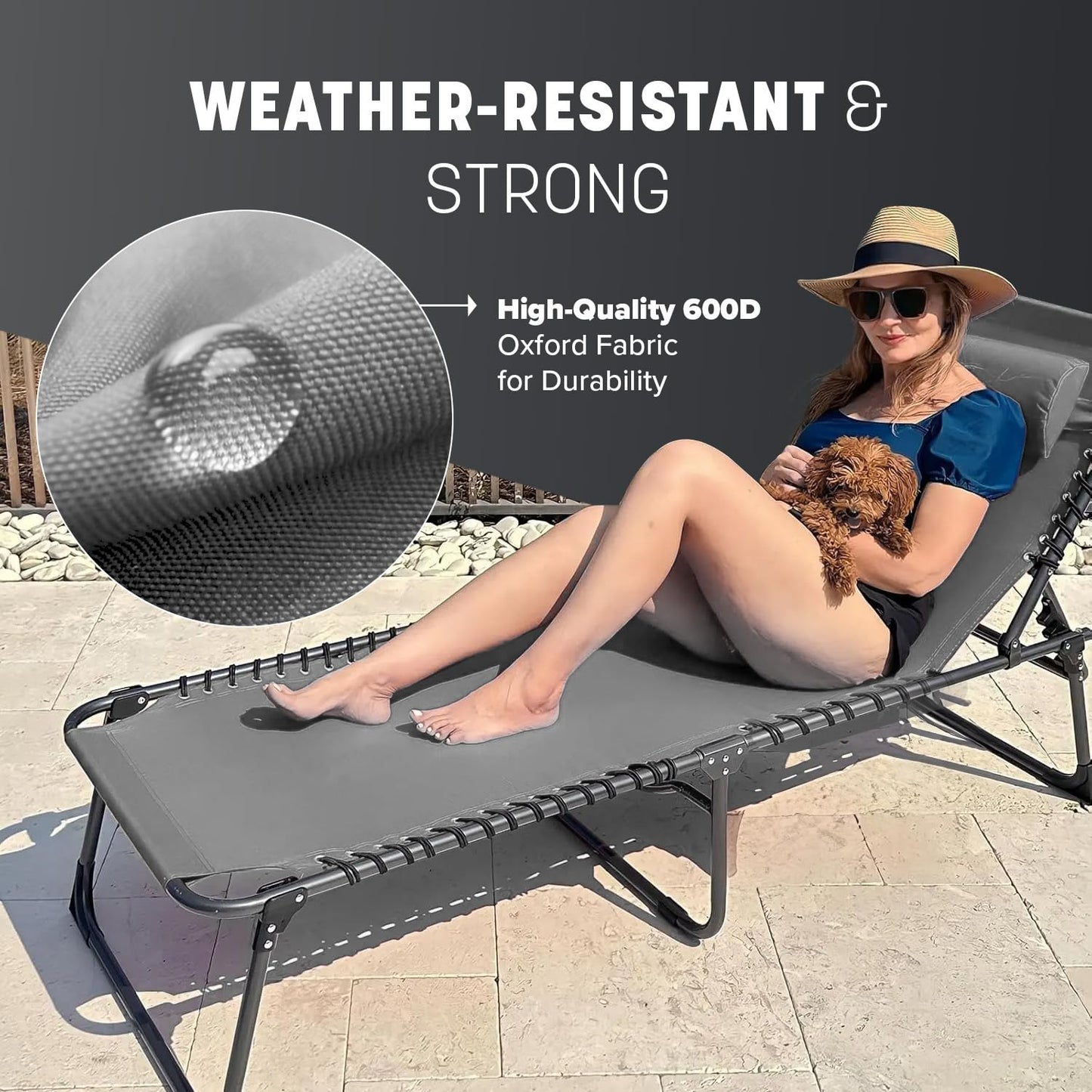 KEPLIN Foldable Recliner Sun Lounger - 600D Oxford Fabric - Adjustable Back and Leg Rests - Lightweight and Portable - Compact Space-Saving Design - Durable Outdoor Use - 190 x 65 x 30 cm (Grey)