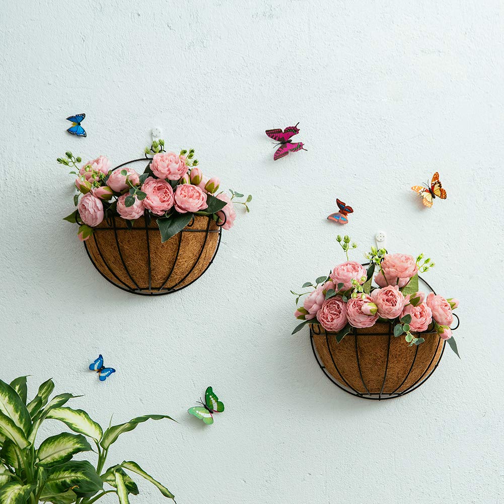 NUPTIO 2 Pcs Wall Planter Outdoor Hanging Wall Planters Wire Artificial Hanging Baskets for Plants Outdoor Hanging Pots for Plants with Hanging Basket Liner, Flower Pot Hanger Hanging Basket Holder