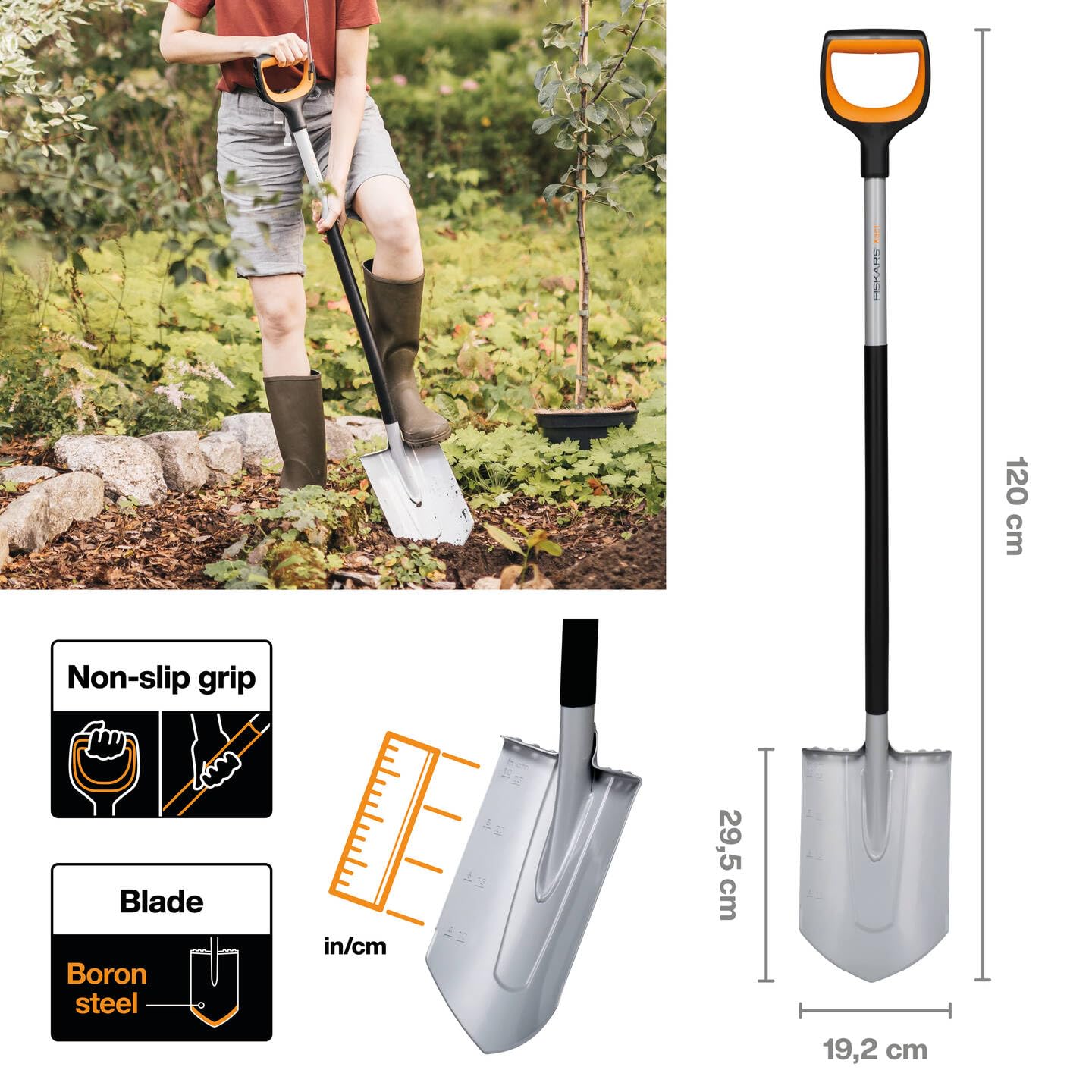 Fiskars Gardening Shovel for hard and rocky soils, Pointy, Length: 120 cm, Reinforced boron steel, Black/Orange, Xact, 1066729