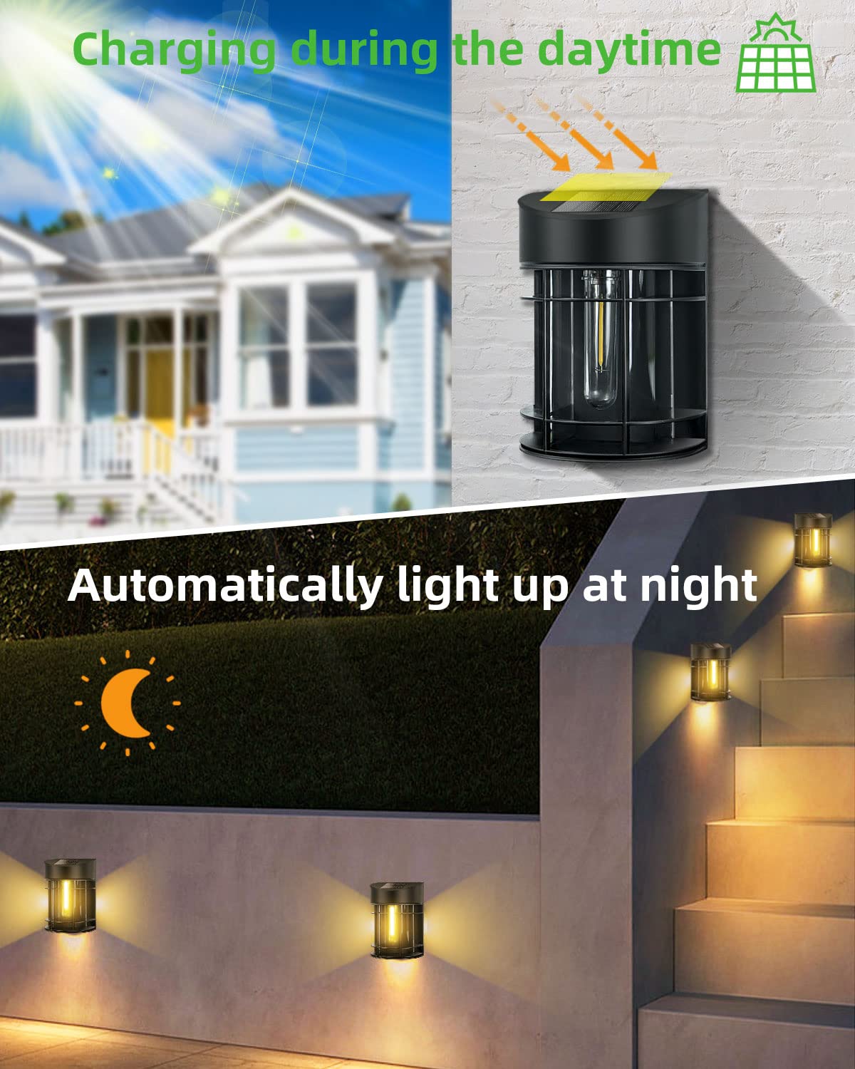 nipify 4 Pack Solar Fence Lights, Waterproof Solar Wall Lights Outdoor Warm White, Auto On/Off Retro Solar Powered Lighting for Garden Yard Gate Door Patio