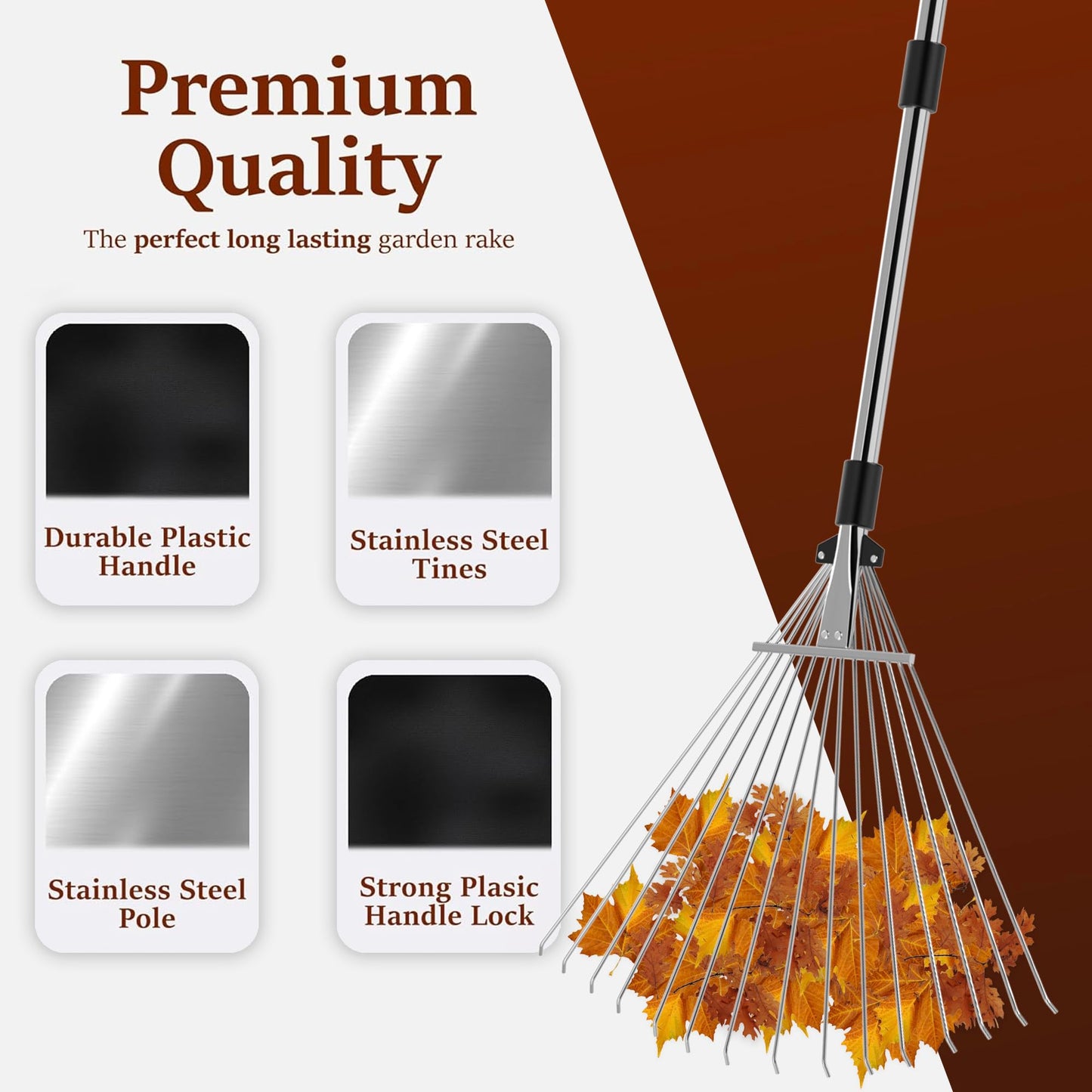 ZENO Garden Rake 25 Tines | Rake for Gardening | 31-67 Inch Adjustable Rakes for Lawns, Artificial Grass & Moss | Heavy Duty Metal Tines & Comfortable Handle | Collapsible Garden Rakes | Silver