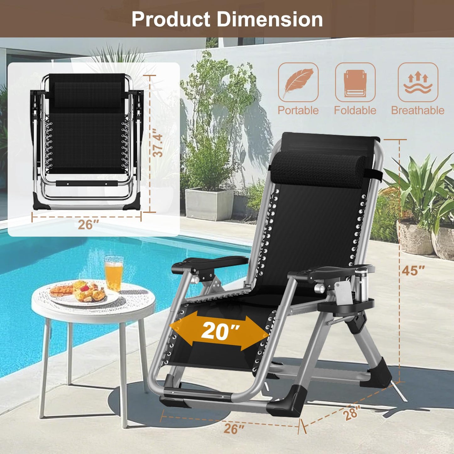 Obqer Folding Zero Gravity Chair, 440LBS Heavy Duty Sun Lounger, Adjustable Garden Recliner with Cushion and Side Holder, Extra Wide, No Assembly Required, Sun Loungers for Garden Terrace Beach Pool