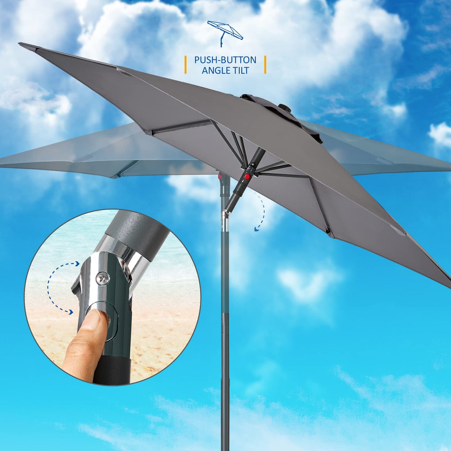 SUNMER 2M Garden Parasol, Sun Shading Umbrella, Easy Open/Close Push Up with Tilt, Water Repellent Polyester, Powder-Coated Steel Frame, UV 30-, Pole Width 32mm - Grey