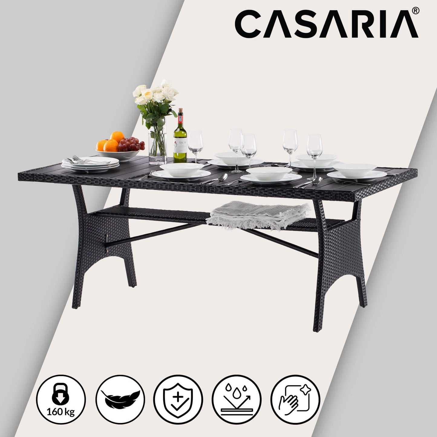CASARIA® 8 Person XL Poly Rattan Garden Table with Shelf & WPC Top | 190 x 90 x 74cm | Weather Resistant | Outdoor Patio Dining Furniture | Lawn Patio Deck Balcony | Black