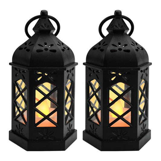 2 Pieces Vintage Candle Lantern Hanging Lantern with Flickering LED Candle Black Decorative Candle Lanterns for Medieval Halloween Christmas Table Wedding Party Home Decorations