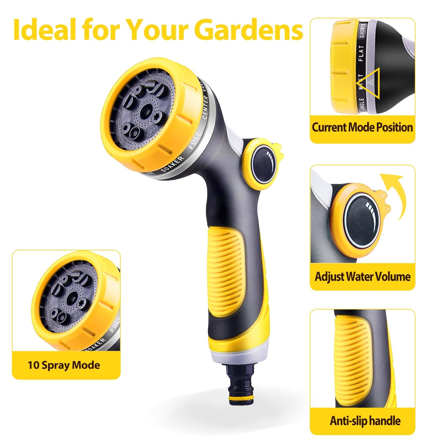 Garden Hose Spray Gun, HundoPony Water Hose Spray Gun 10 Modes High Pressure Water Spray Gun for Plant Watering Car Washing Pet Washing Sidewalk Cleaning-Yellow