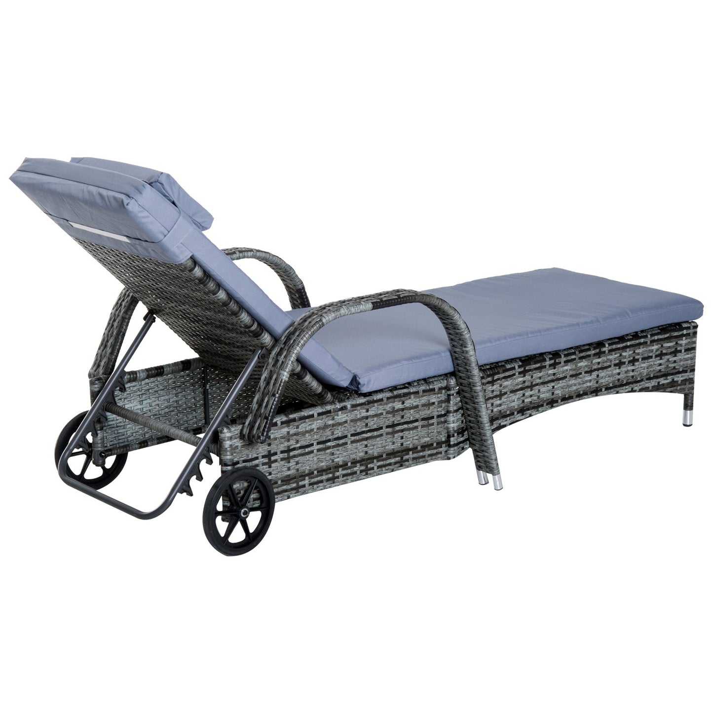 Outsunny 3 Pieces PE Rattan Patio Lounge Chair Set, Outdoor Recliner Lounge Chairs with Wheels, for Outside with Cushions, Headrest, Coffee Table for Garden, Poolside, Grey