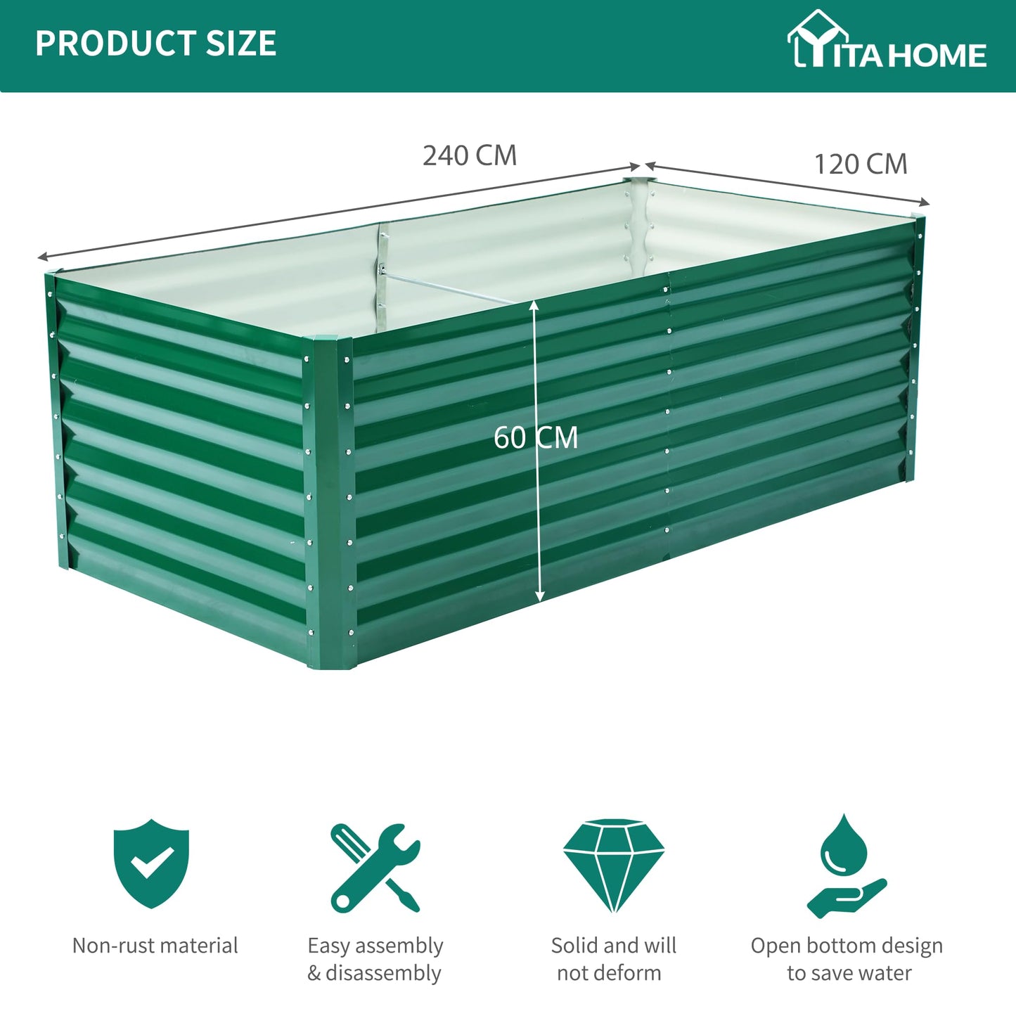 YITAHOME Outdoor Raised Garden Bed Kit 240x120x60cm, Raised Beds Thickened Zinc-Aluminum-Magnesium Stainless Steel Metal Raised Beds for Garden with Safety Rubber for Vegetables Flowers Fruits (Green)