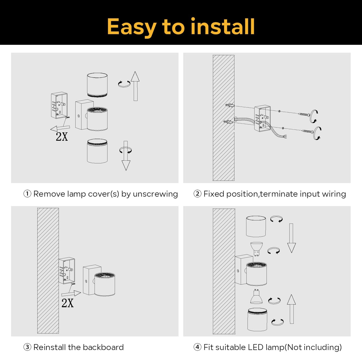 Kerry Outdoor Wall Lights, Up Down Mains Powered Lighting, Black Stainless Steel IP44 Waterproof, Exterior Wall Sconce for Indoor, Front Door, Patio, Hallway, Porch, Garden, Garage, Post - 2 Pack