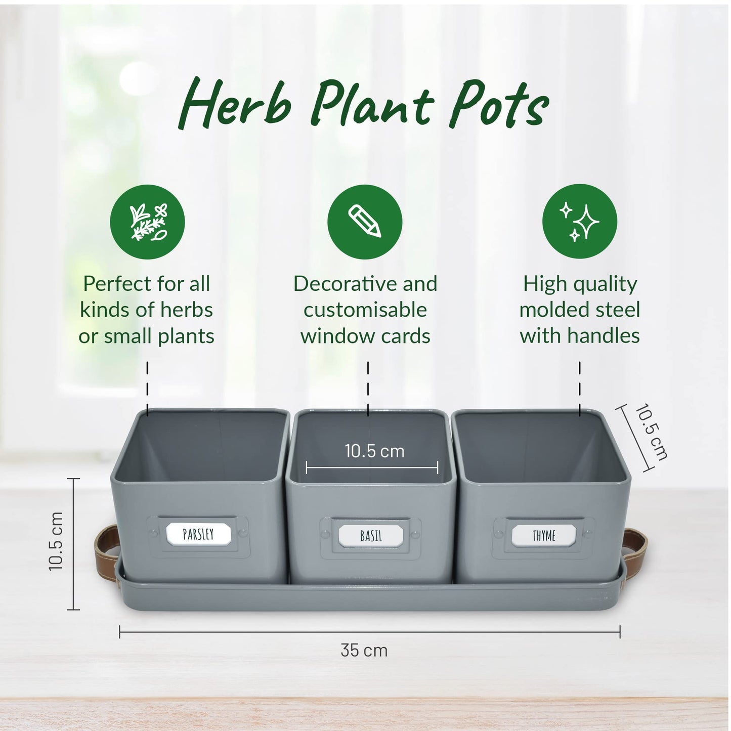 Green Thumbz Herb Pots for Kitchen Windowsill - Set of 3 Charcoal Grey Herb Planter Indoor with Leather Handled Tray - Ideal for an Indoor Herb Garden, Plants and Flowers - Labels Included