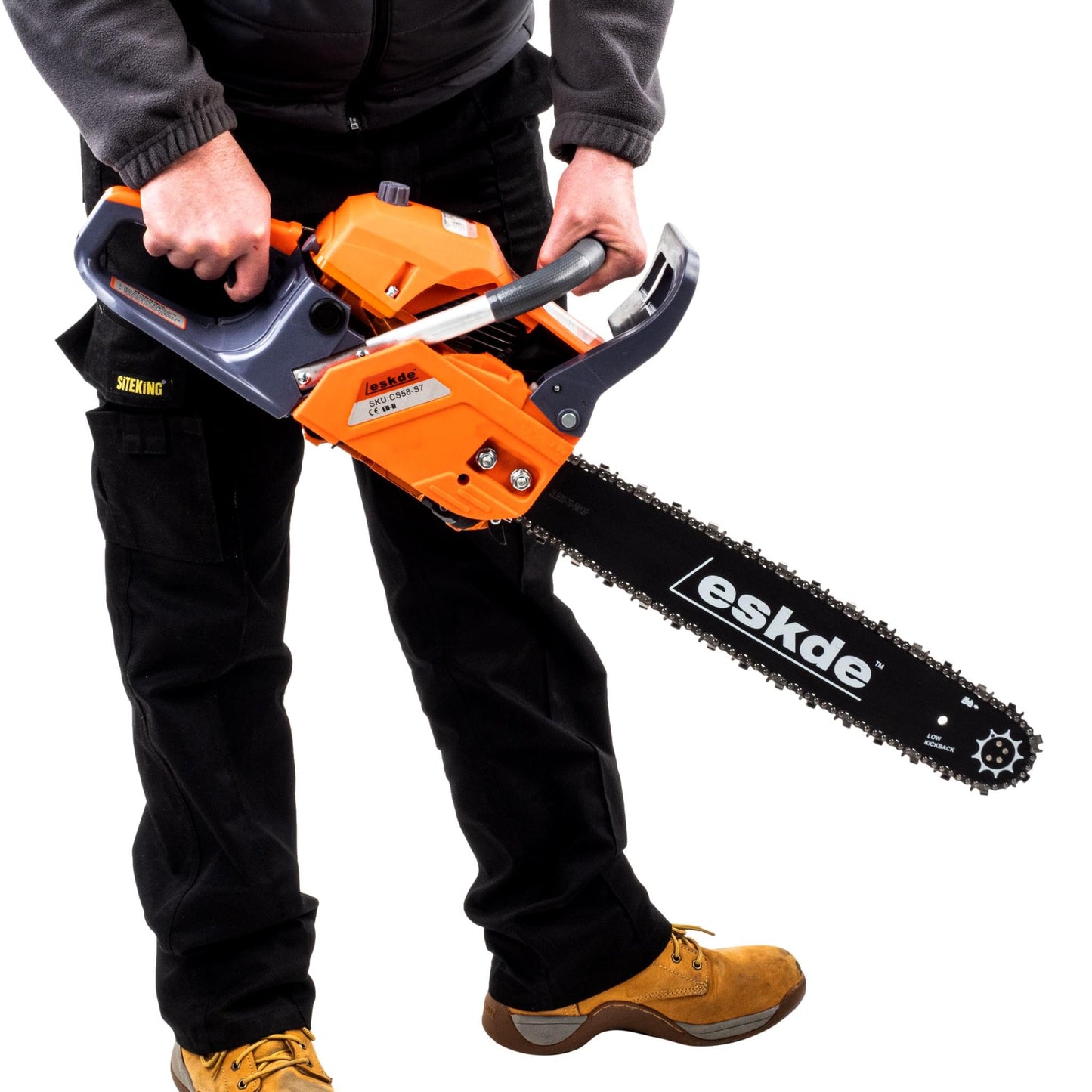 eSkde 58cc Petrol Chainsaw with 20" Bar and 2 Chains - Storage Bag, Tool Kit, Fuel Mixing Bottle, Bar Cover All Included. Powerful 3.4HP 2-Stroke Engine Suitable for Chopping logs and Cutting Trees.