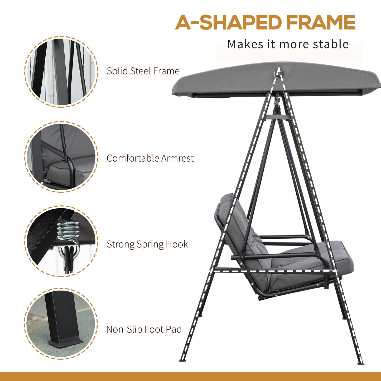 Outsunny 2 Seater Garden Swing Chair with Adjustable Tilting Canopy, Outdoor Hammock Bench with Steel Frame for Patio, Grey