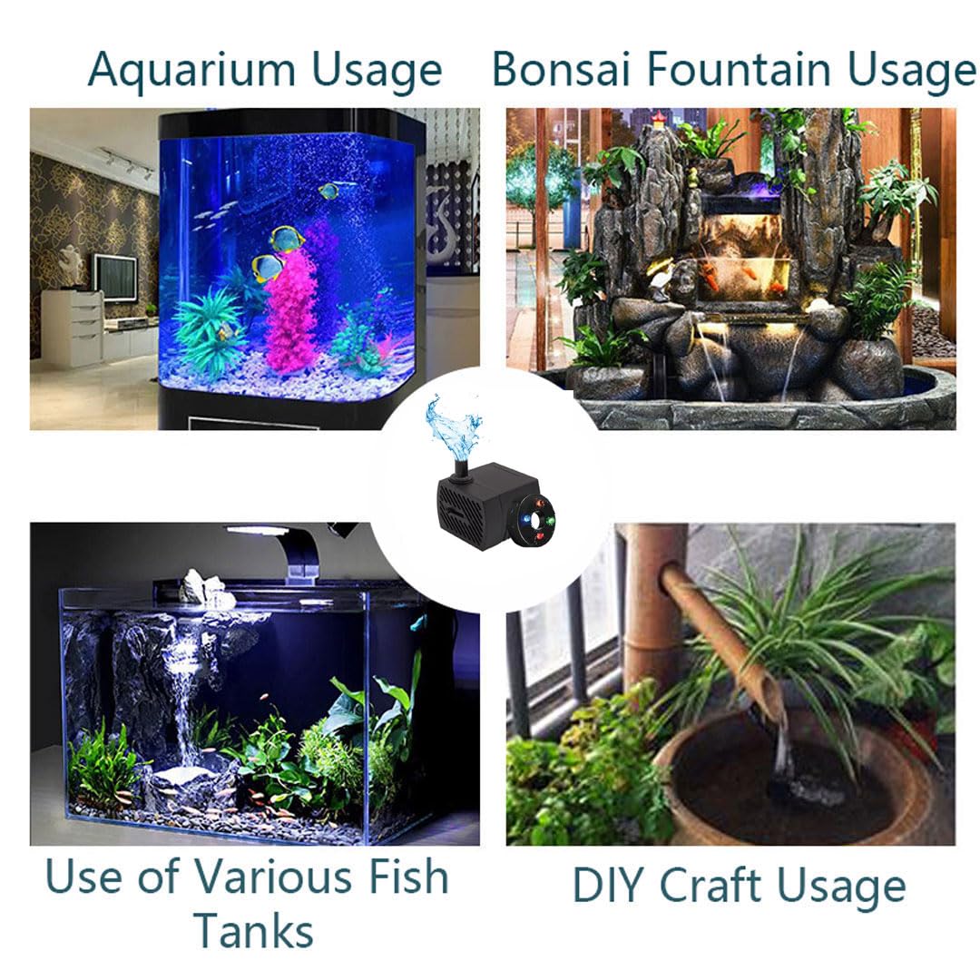 GERUI Small Water Feature Pump with 4 Colors of LED Lights, Small Submersible Water Pump 350L/H, 5W, Maximum Height of 0.85 m, Adjustable Ultra Silent Water Pump for Fish Tank, Aquarium, Hydroponics