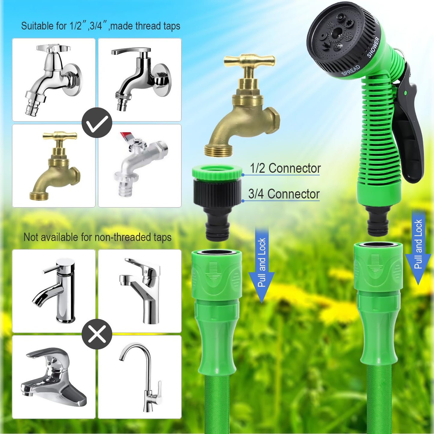 HOMOZE Garden Hose Pipe Expandable Garden Hose with 3/4", 1/2" Fittings, Anti-Leakage - Flexible Expanding Hose with 7 Function Spray Nozzle (50FT, Green)
