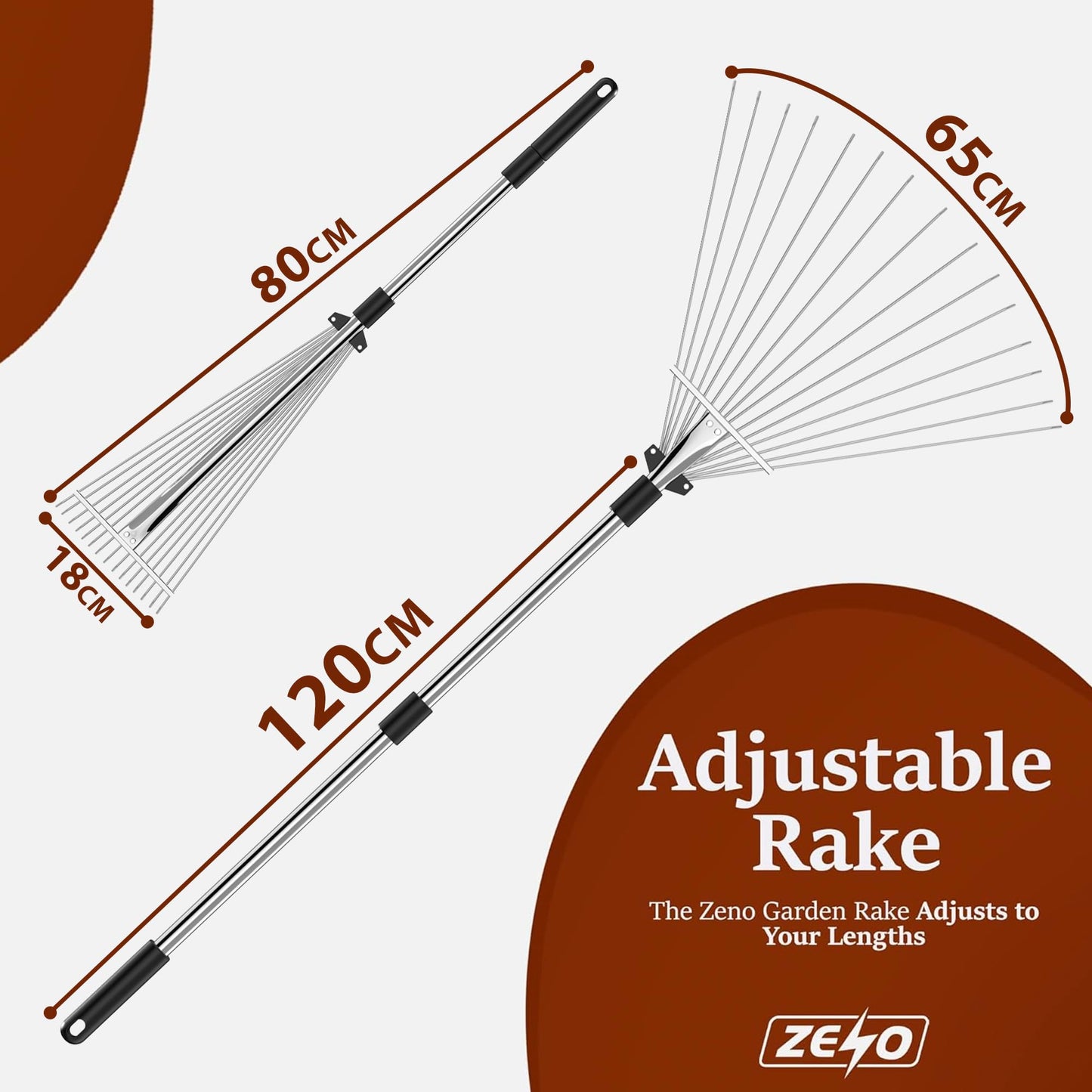 ZENO Garden Rake 25 Tines | Rake for Gardening | 31-67 Inch Adjustable Rakes for Lawns, Artificial Grass & Moss | Heavy Duty Metal Tines & Comfortable Handle | Collapsible Garden Rakes | Silver