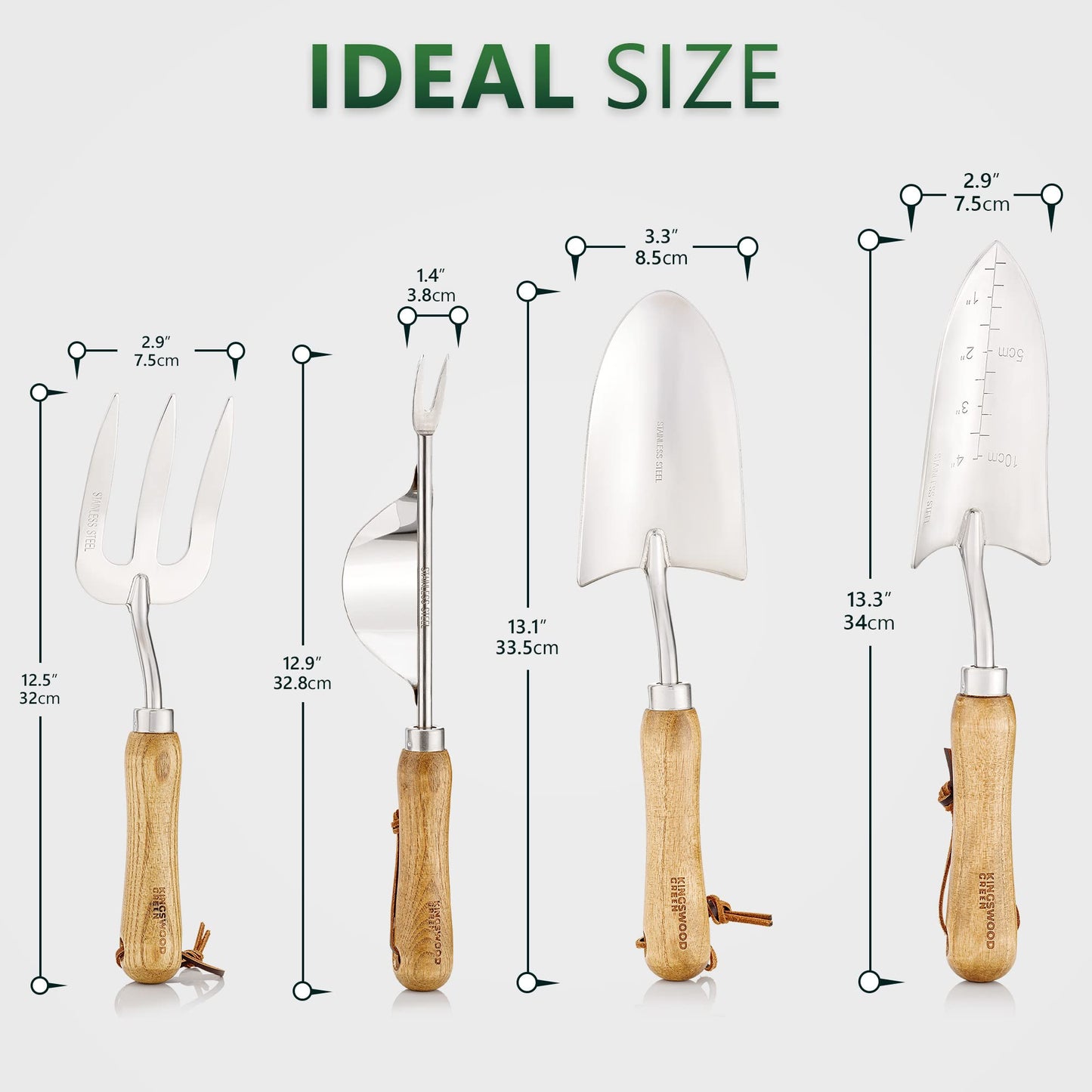 Kingswood Green® 4-Piece Garden Tool Gift Set | Ash Wooden Handles | Trowel, Hand Transplanter, Weeder & Fork | Made with Stainless Steel