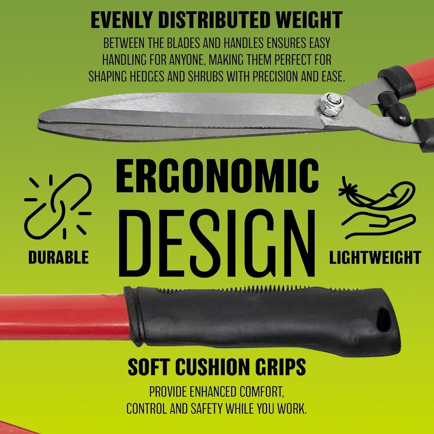 20'' Carbon Steel Hedge Shears - Anti-Slip Handles Grip Garden Grass Shrubs Bushes Trimmer | Lightweight, Razor Sharp Cut, Rust Resistant - Blade Tools for Gardening, Cutting, Trimming, Shearing