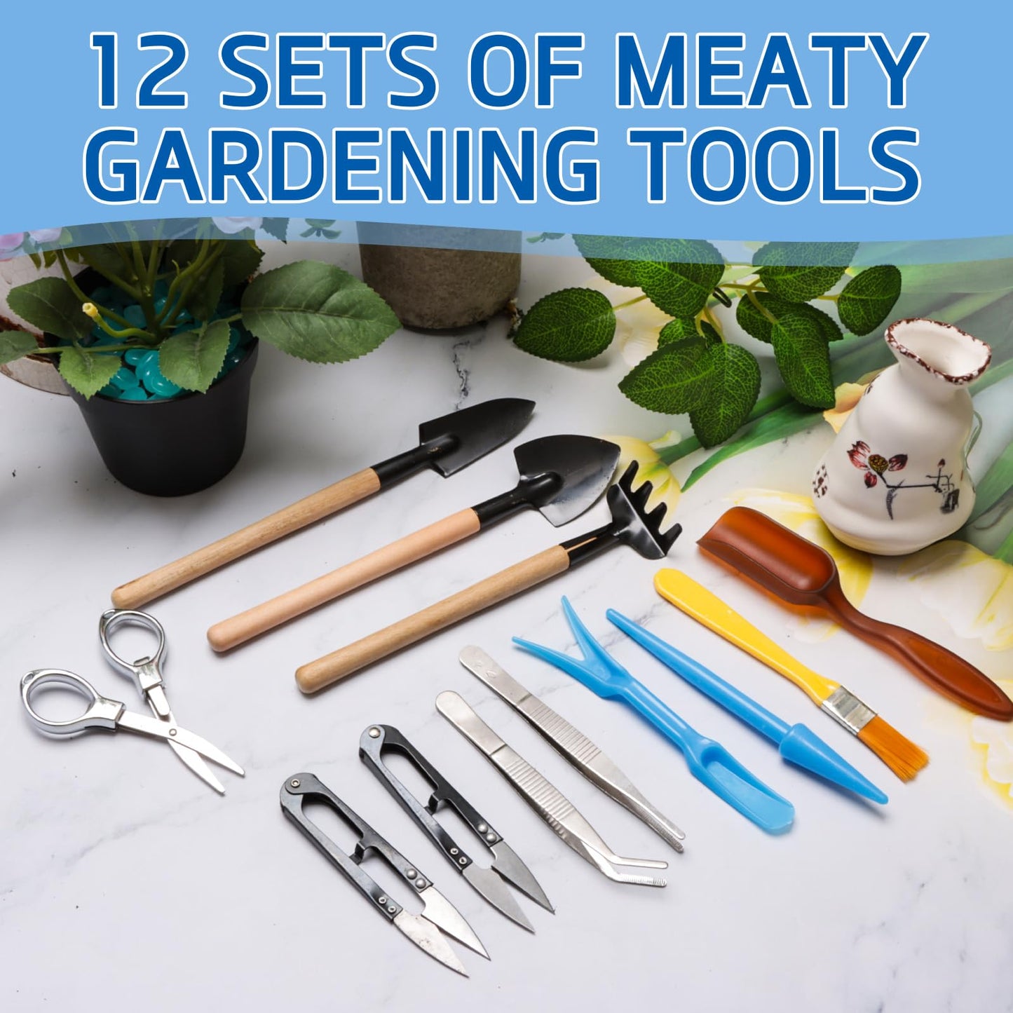 LANAFAY 12Pcs Mini Gardening Tools Set, Succulent Plants Tools Set, Gardening Transplanting Tools, Indoor Tiny Gardening Kit, House Plant Accessories Set for Indoor Miniature Fairy Garden Plant Care