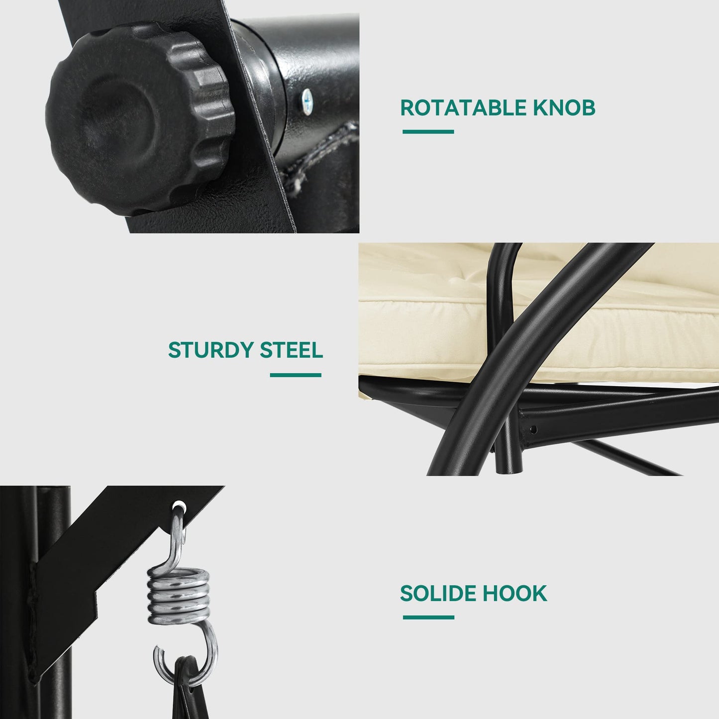 YITAHOME Canopy Garden Swing 3-Seats Outdoor Patio Swing Heavy Duty Swing Chair with Adjustable Canopy Removable Cushion, Suitable for Adult in Garden, Poolside, Balcony, Beige