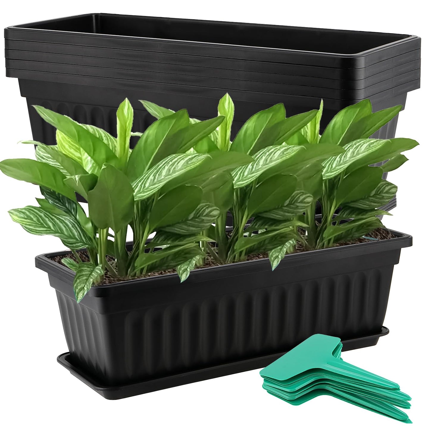 JOIKIT 6 PCS 17 Inch / 43cm Black Plastic Window Box Planter, Rectangular Flower Pot, Windowsill Planter with Removable Tray and Green Plant Label for Indoor, Outdoor