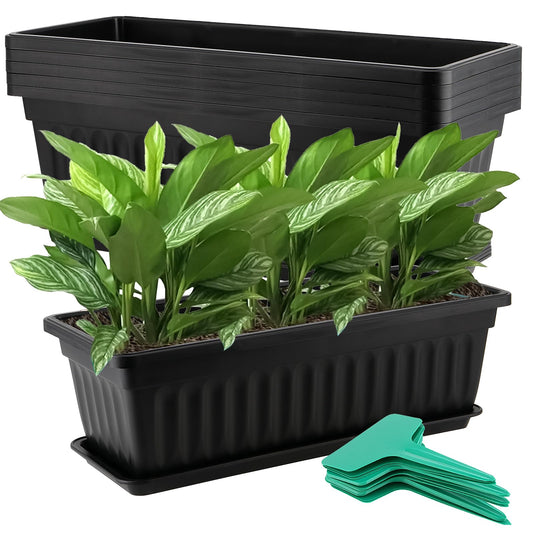 JOIKIT 6 PCS 17 Inch / 43cm Black Plastic Window Box Planter, Rectangular Flower Pot, Windowsill Planter with Removable Tray and Green Plant Label for Indoor, Outdoor