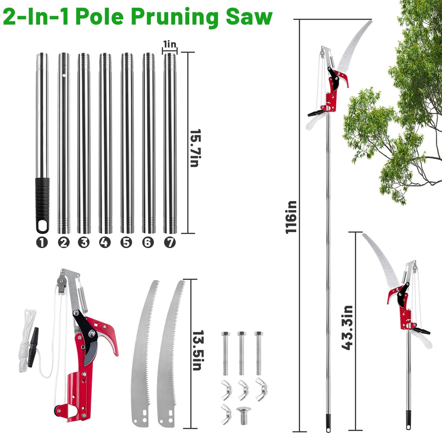 IHKFILAN Pole Pruning Saw，Telescopic Tree Pruning Saw，116 Inch Pruner with Extendable Handle，Lightweight Telescopic Tree Pruner Branch Cutters，Pruning High Branches, Twigs at Forest Yard Garden Patios