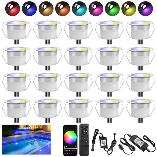 INDARUN RGBW WiFi Led Decking Lights Waterproof IP67 Ø31MM 12V - Led Plinth Light Kits for Terrace/Patio/Path/Garden/Decoration, 20 Packs