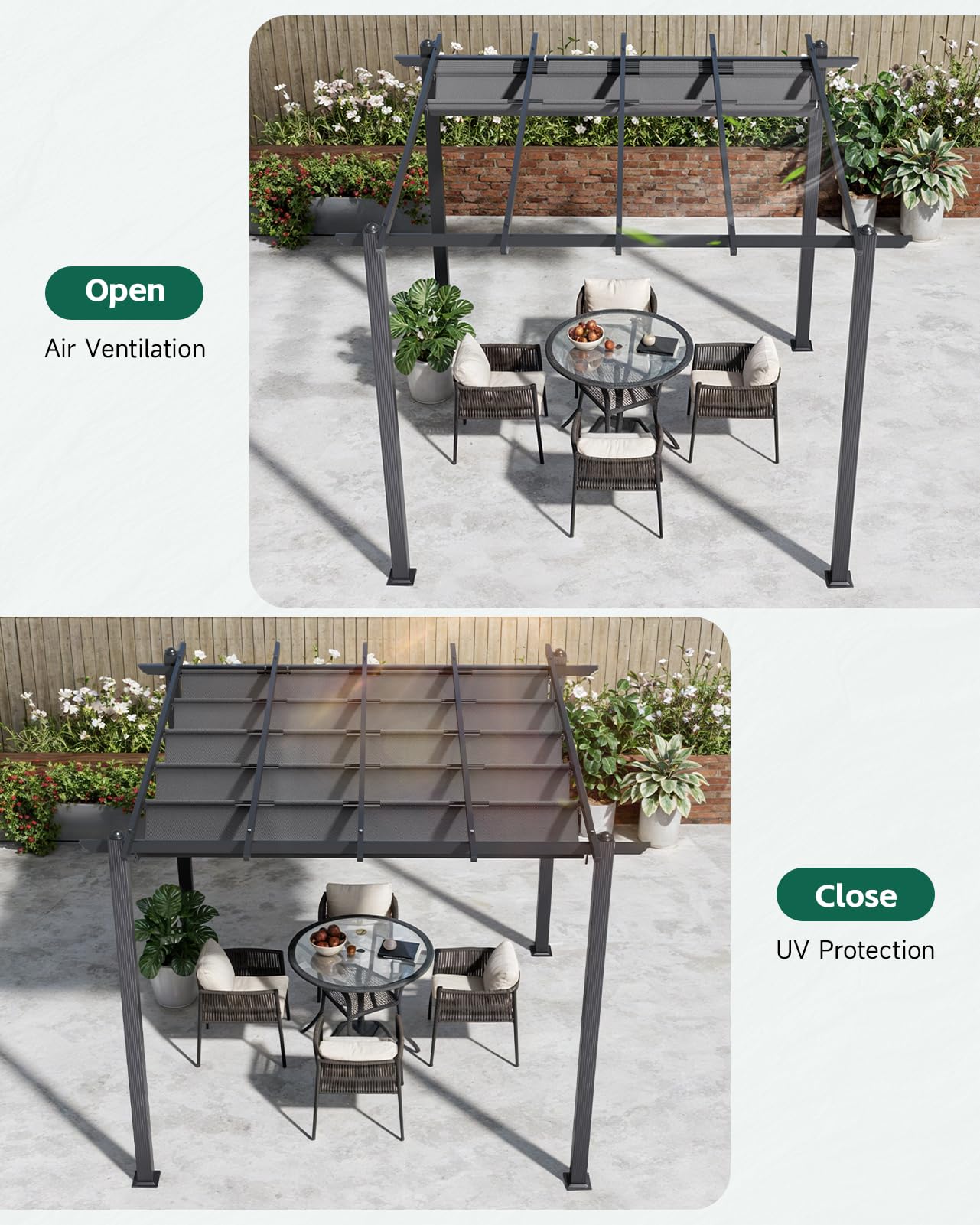 The Fellie 3M x 3M Aluminium Pergola with Retractable Roof, Outdoor Garden Gazebos Water-resistant, Large Metal Retractable Pergola Sun Shade Shelter for Garden, Patio, Poolside, Party, BBQ, Dark Grey